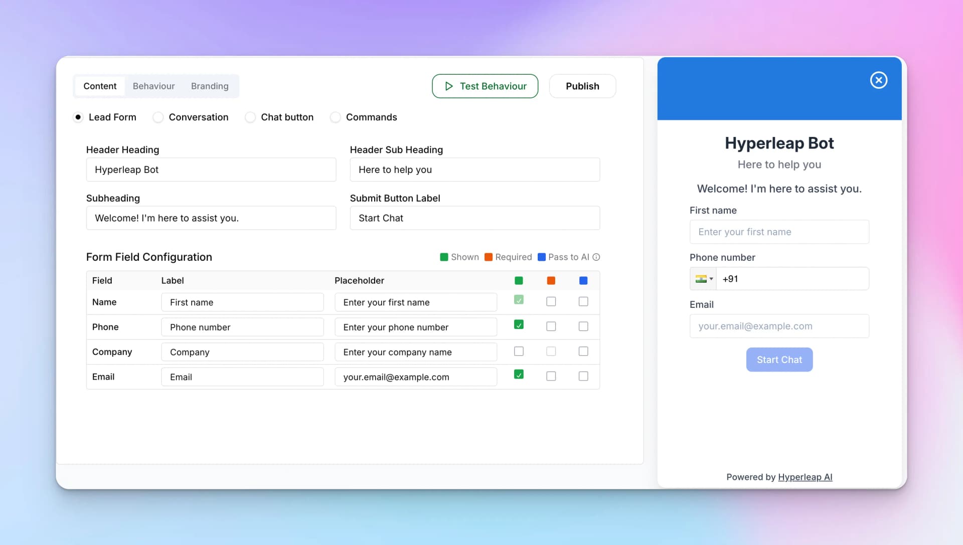Lead Form configuration showing header text and form field settings