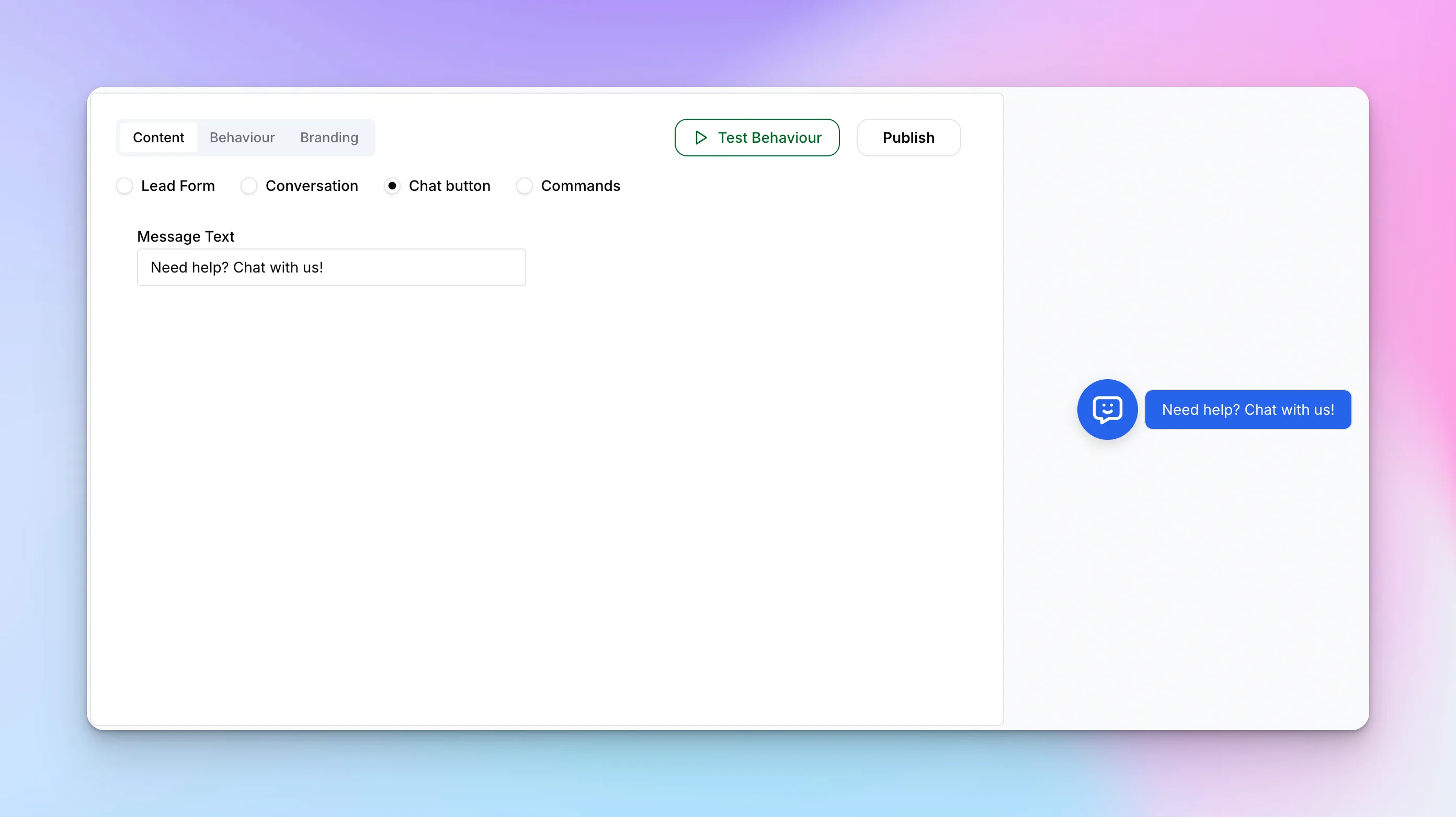 Chat button configuration showing message text setting