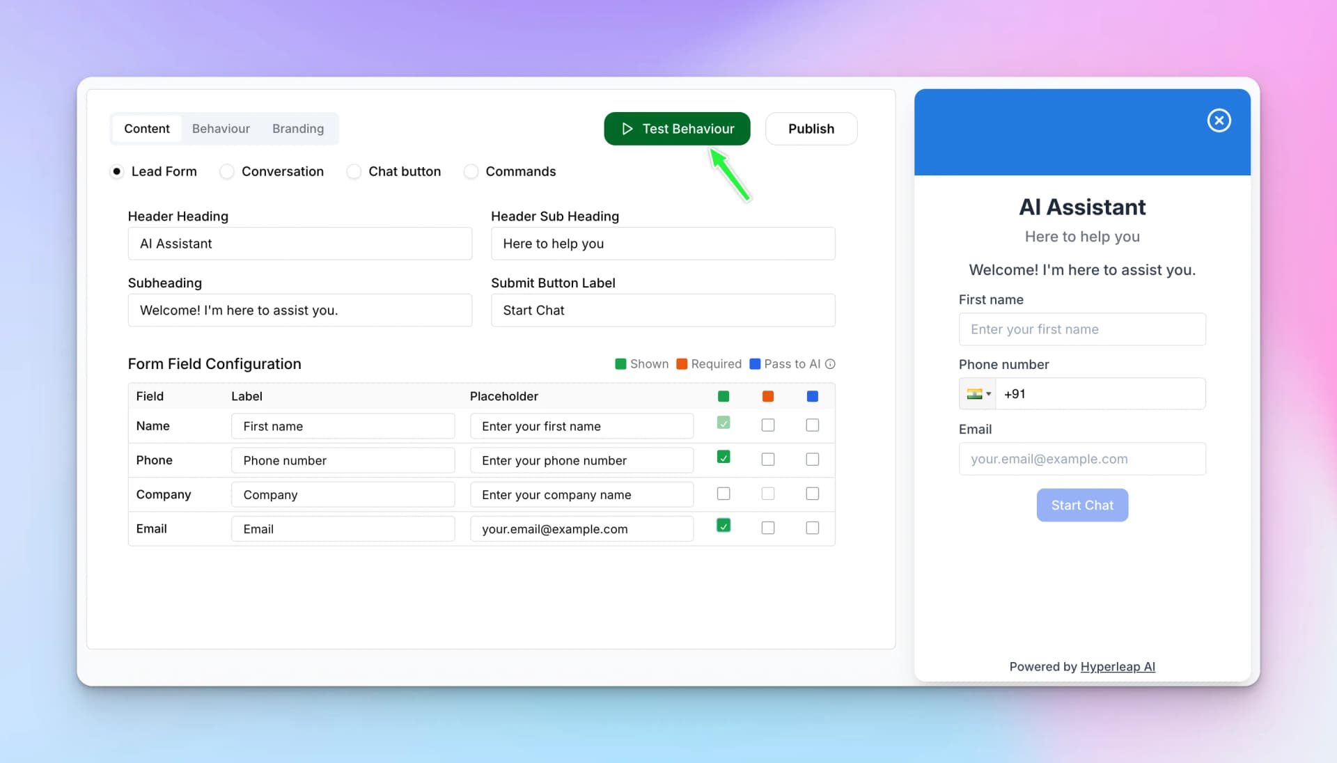 Content tab with Test Behaviour button highlighted