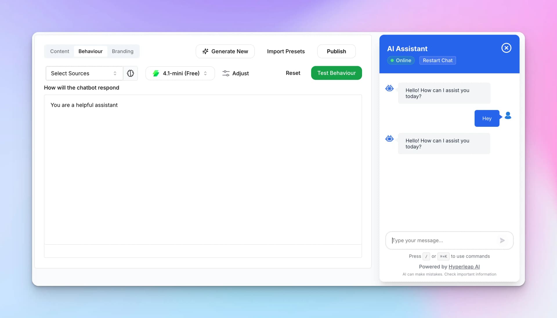 Behaviour tab showing system prompt configuration with model selection