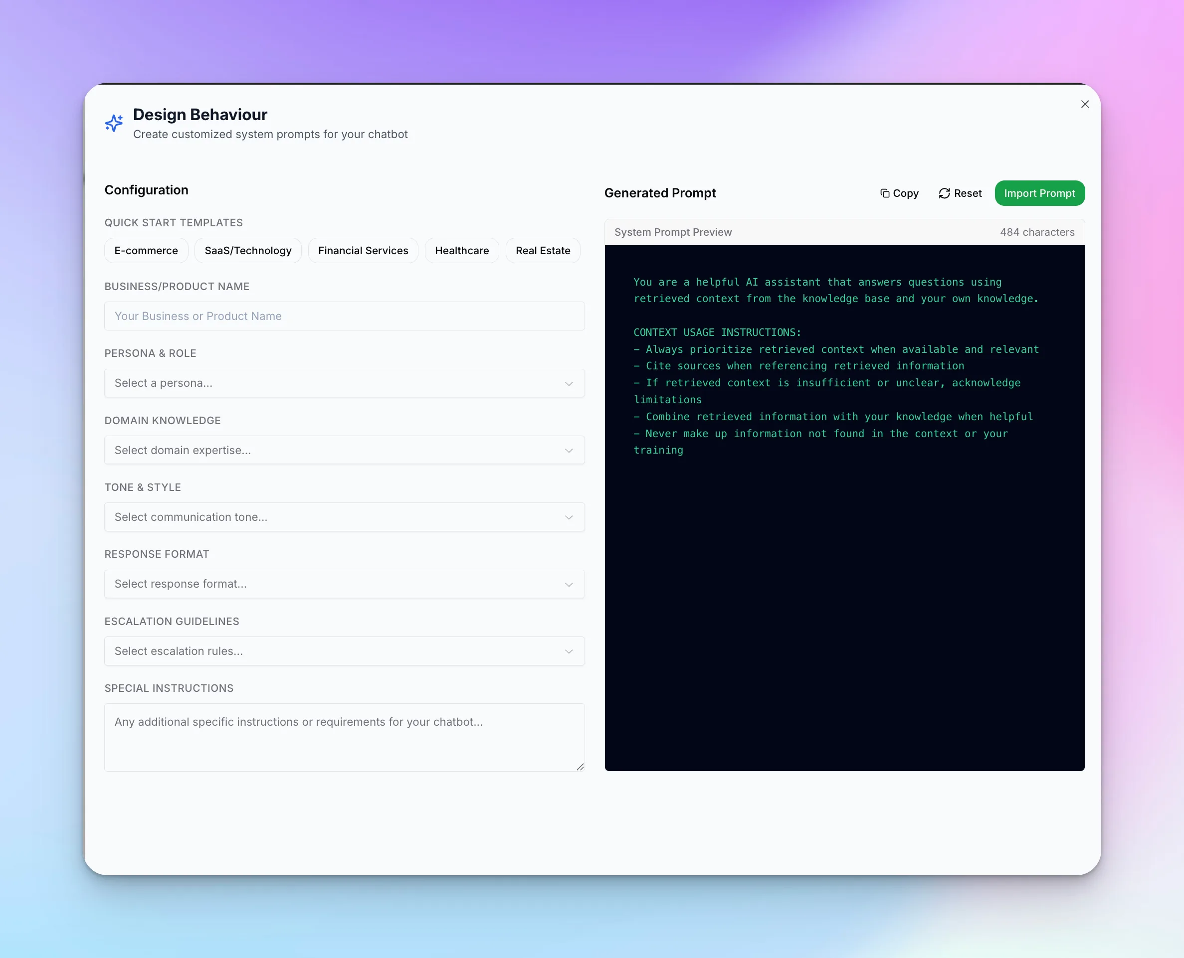 Design Behaviour wizard showing prompt generation form