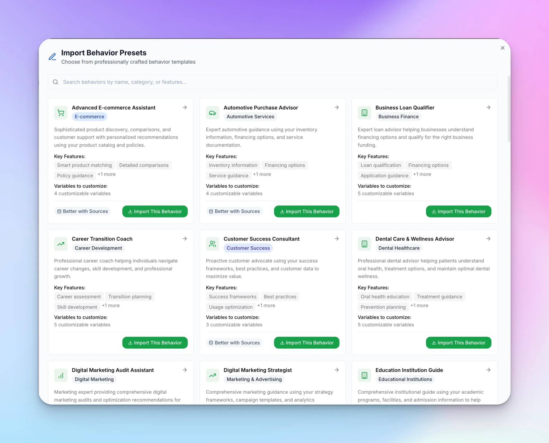 Import Behavior Presets modal showing industry-specific templates