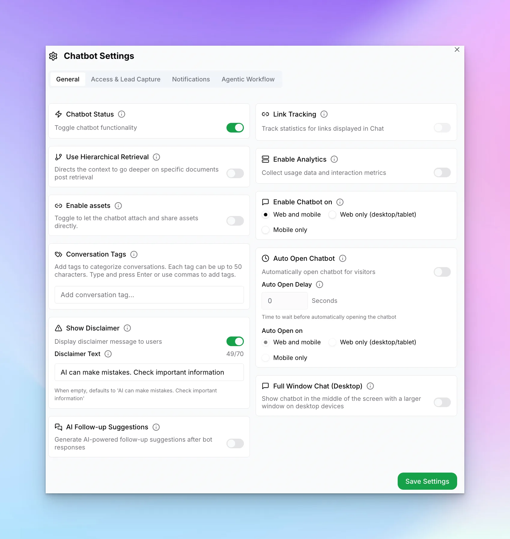 Advanced Settings General tab showing chatbot status and analytics options