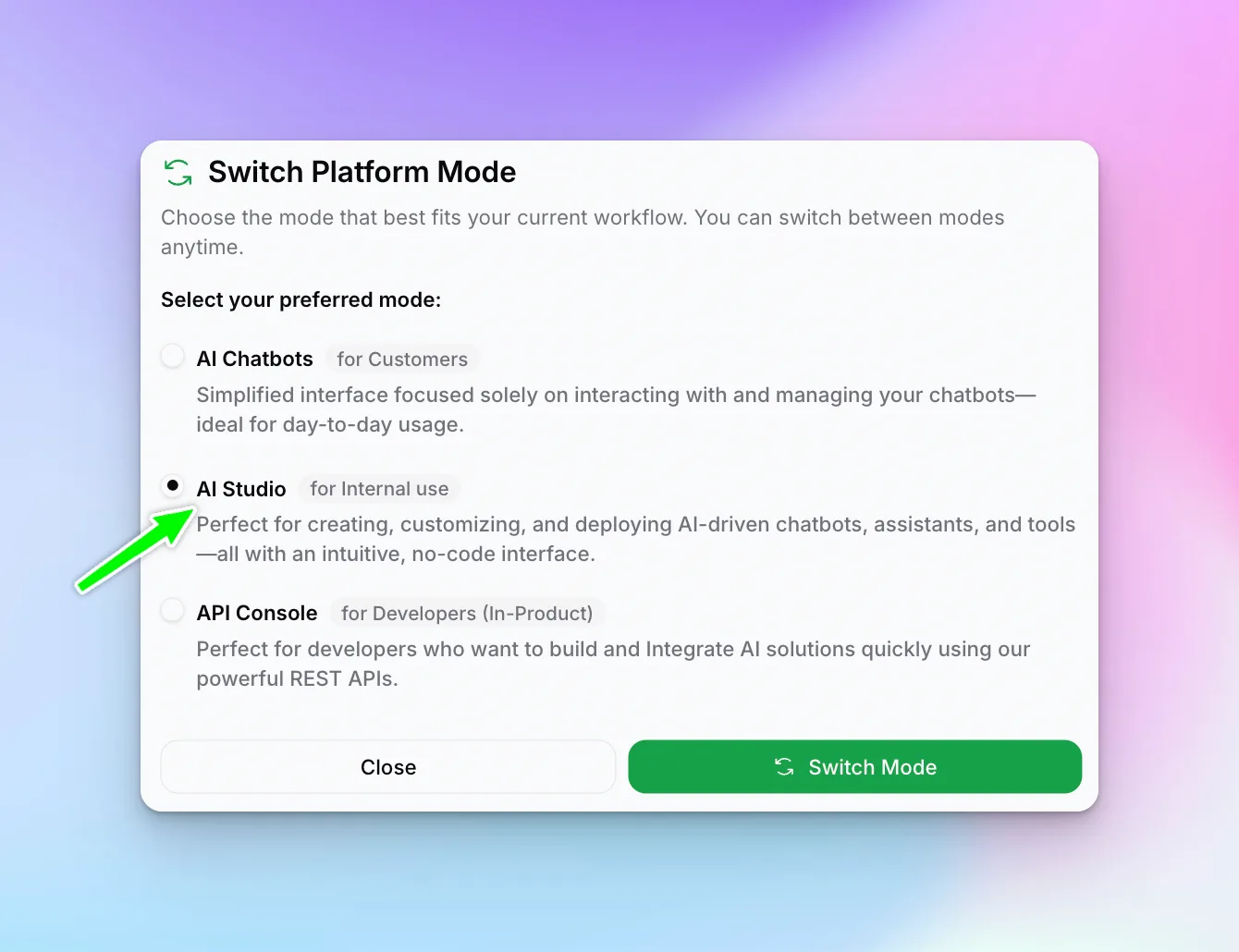 Platform mode switcher showing AI Chatbots, AI Studio, and API Console options