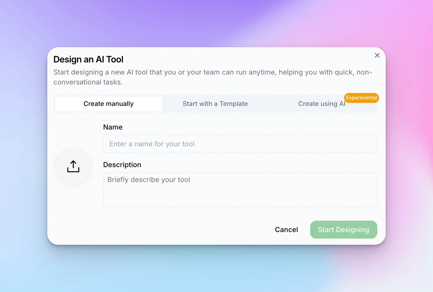 Design an AI Tool dialog showing Create manually tab