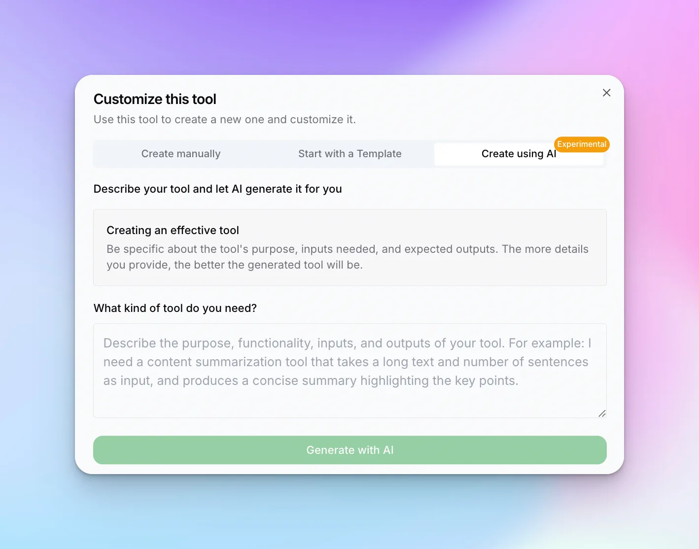 Create using AI tab with description field