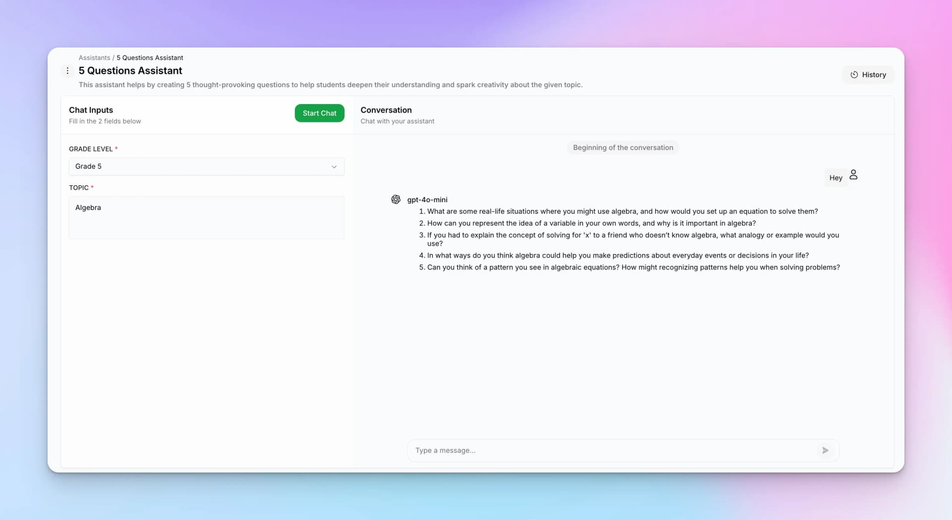 Assistant chat interface showing inputs and conversation
