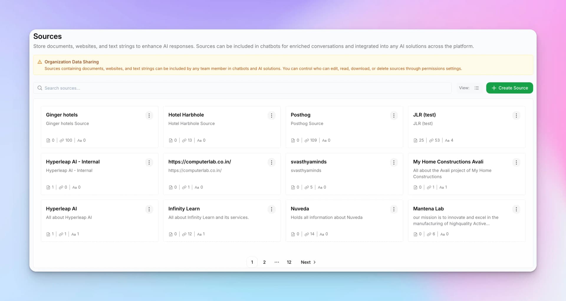Sources page showing all knowledge bases