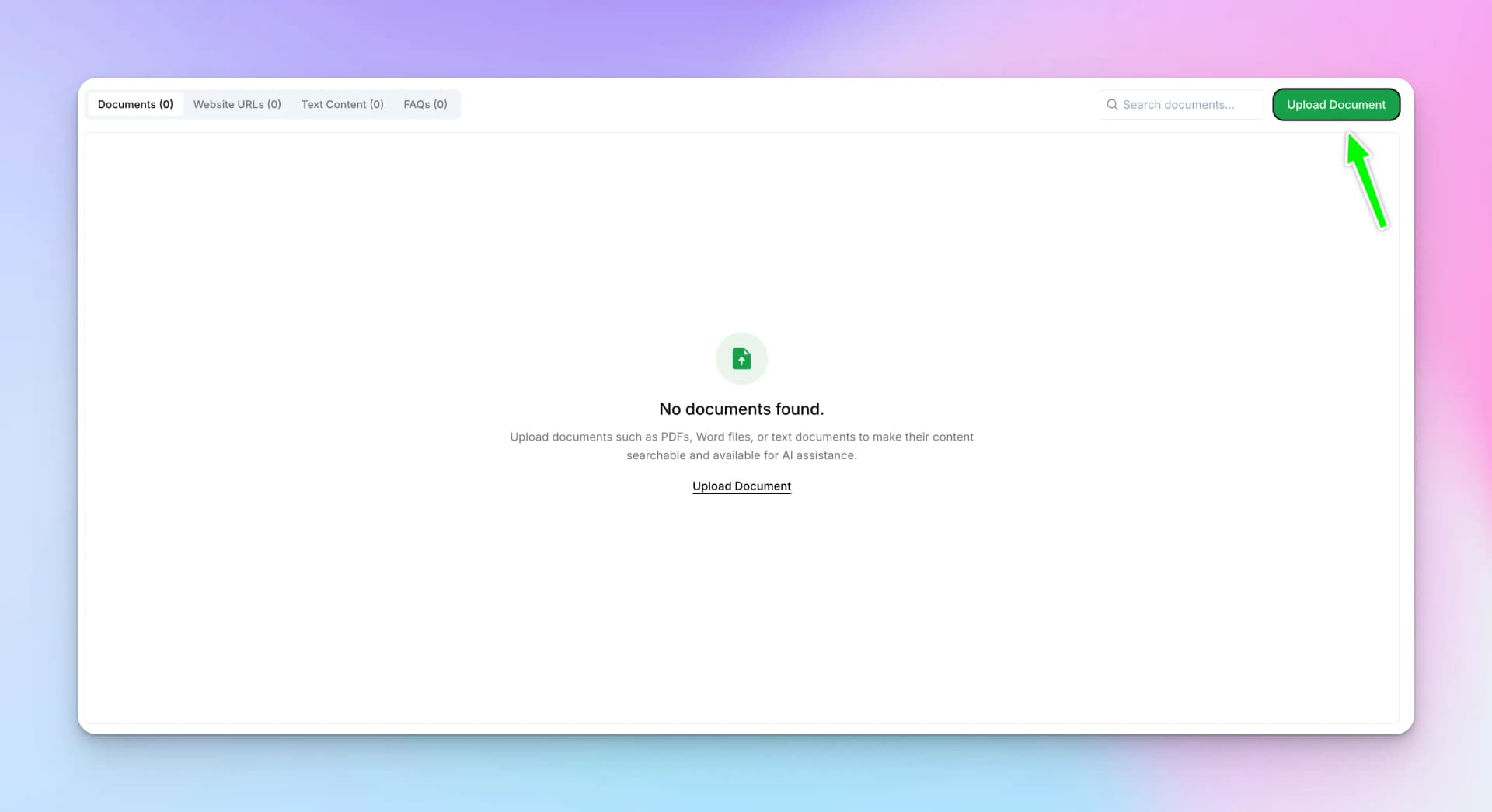 Documents tab with Upload Document button highlighted