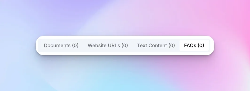 Source content tabs showing Documents, Website URLs, Text Content, and FAQs