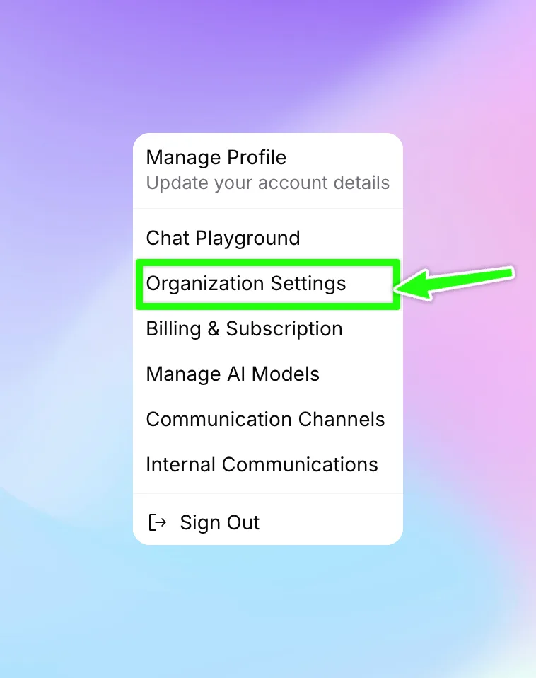 Profile dropdown menu with Organization Settings highlighted