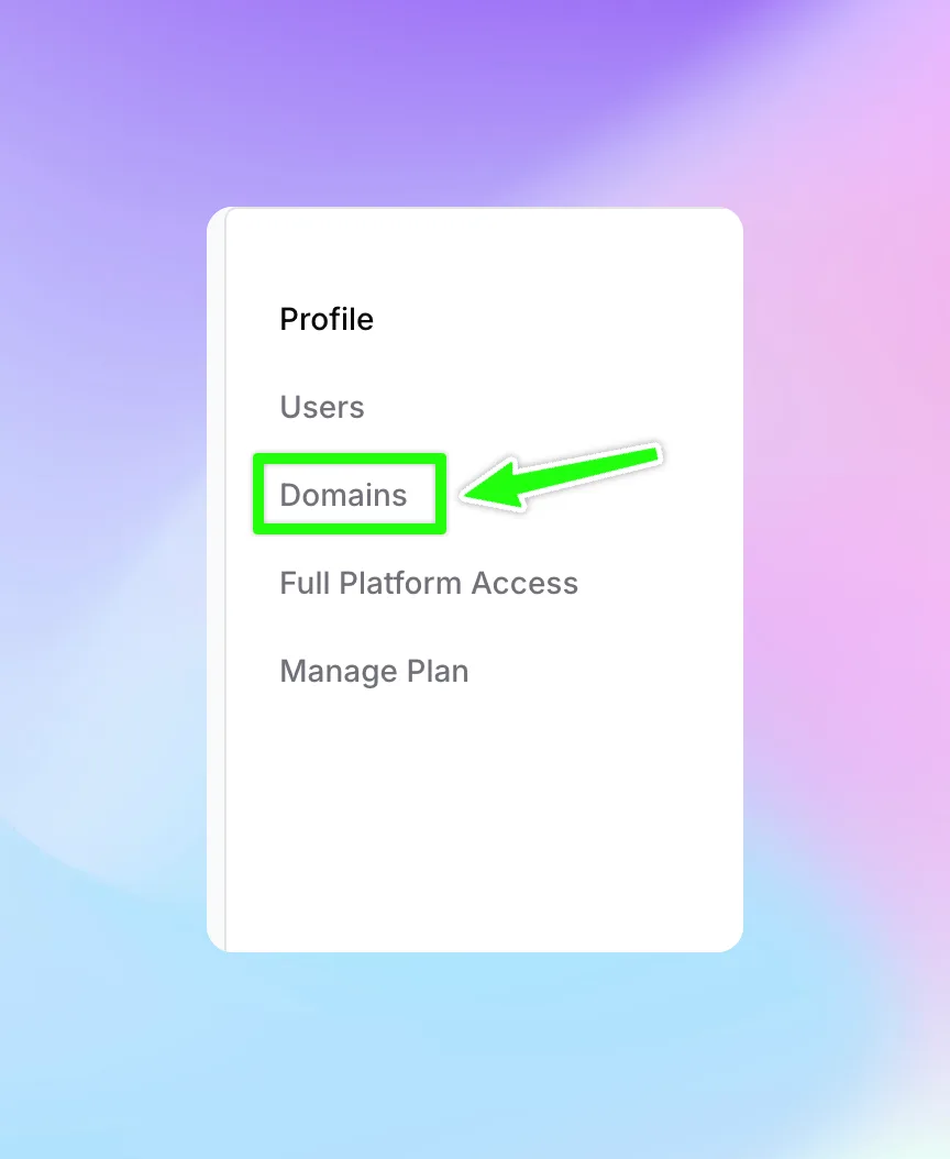Organization Settings sidebar with Domains tab highlighted
