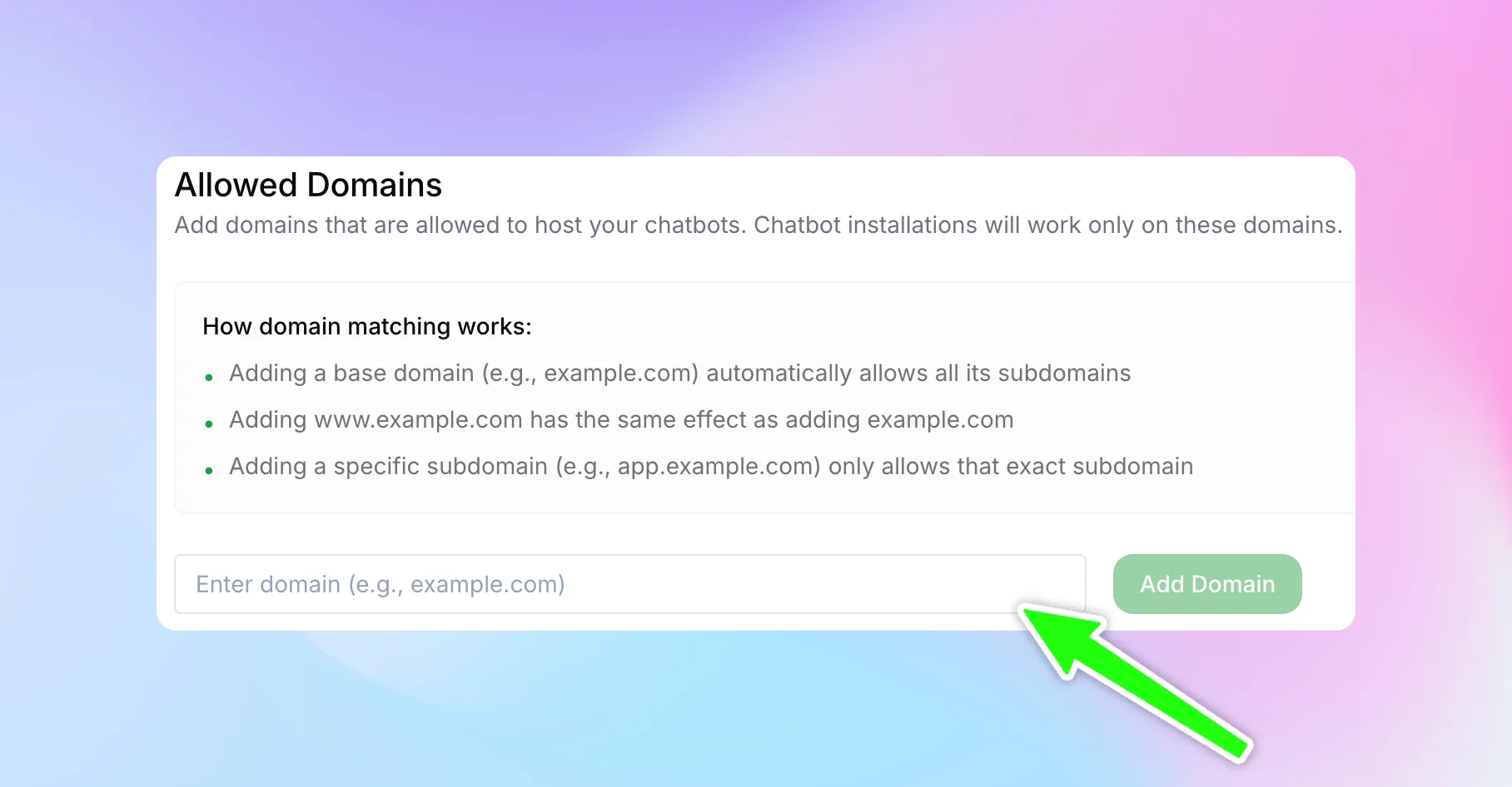 Allowed Domains page with domain input field and Add Domain button