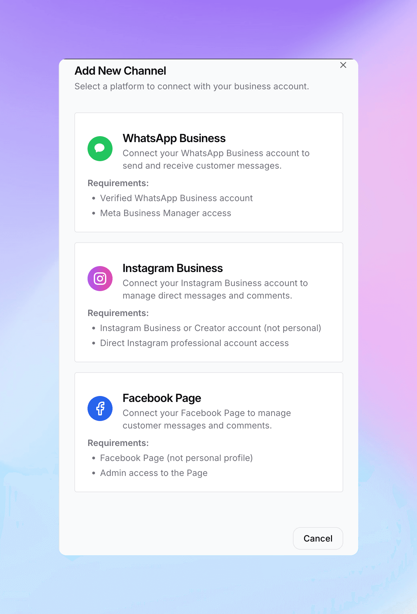 Channel selection options showing WhatsApp Business, Instagram, and Facebook