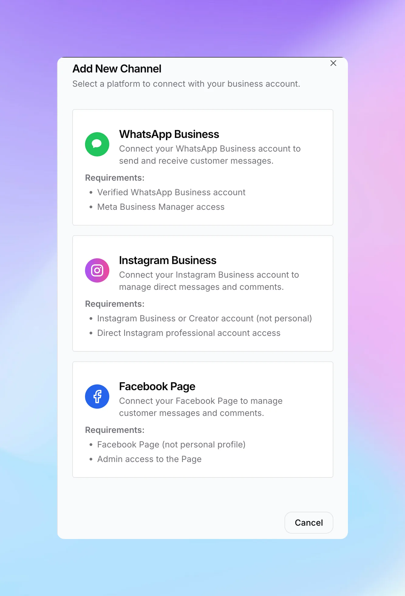 Channel selection options showing WhatsApp Business, Instagram, and Facebook