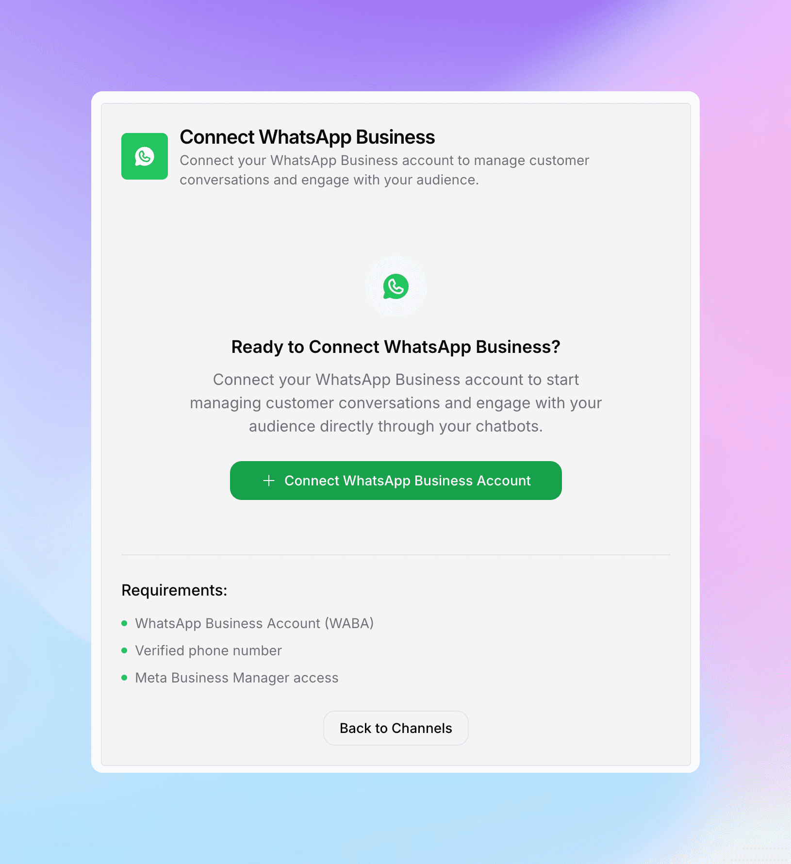 WhatsApp connection introduction screen with Connect button