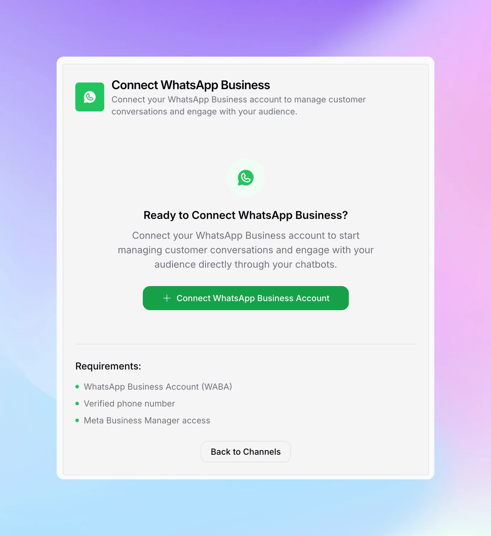 WhatsApp connection introduction screen with Connect button