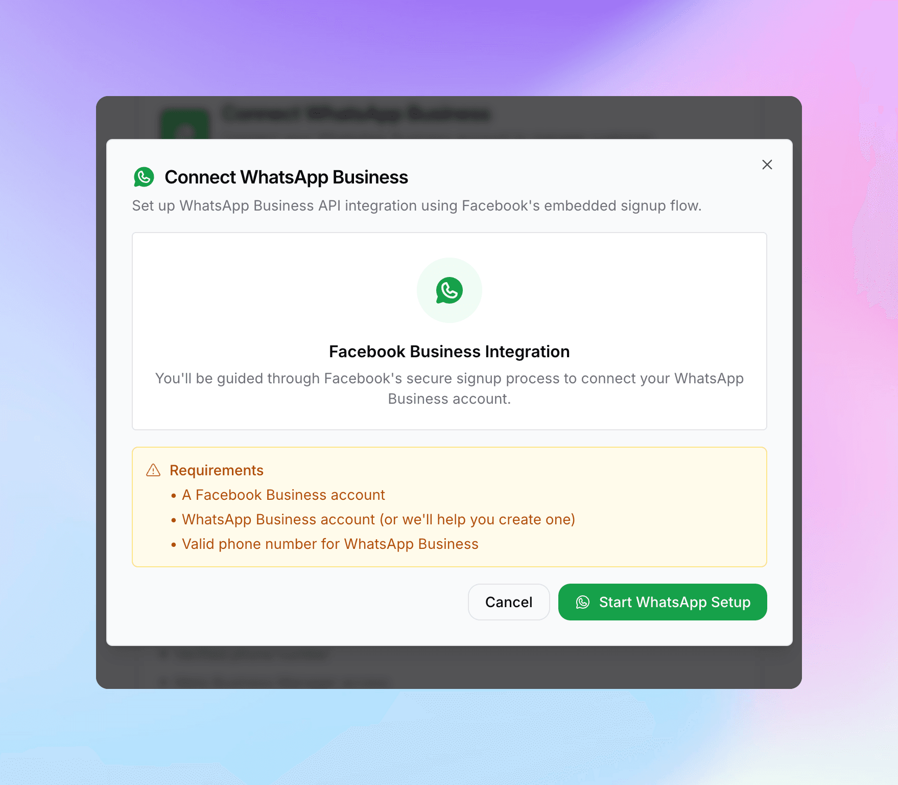 Facebook login popup for WhatsApp Business authentication