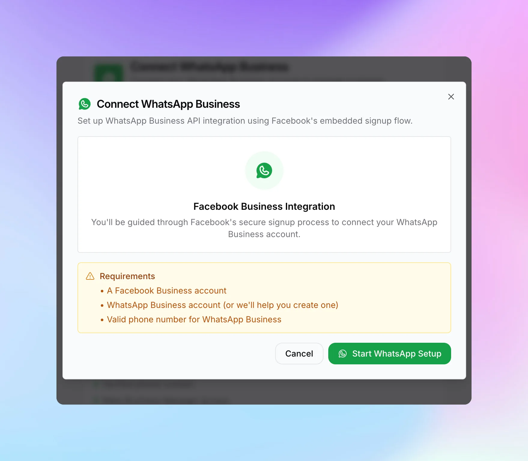 Facebook login popup for WhatsApp Business authentication
