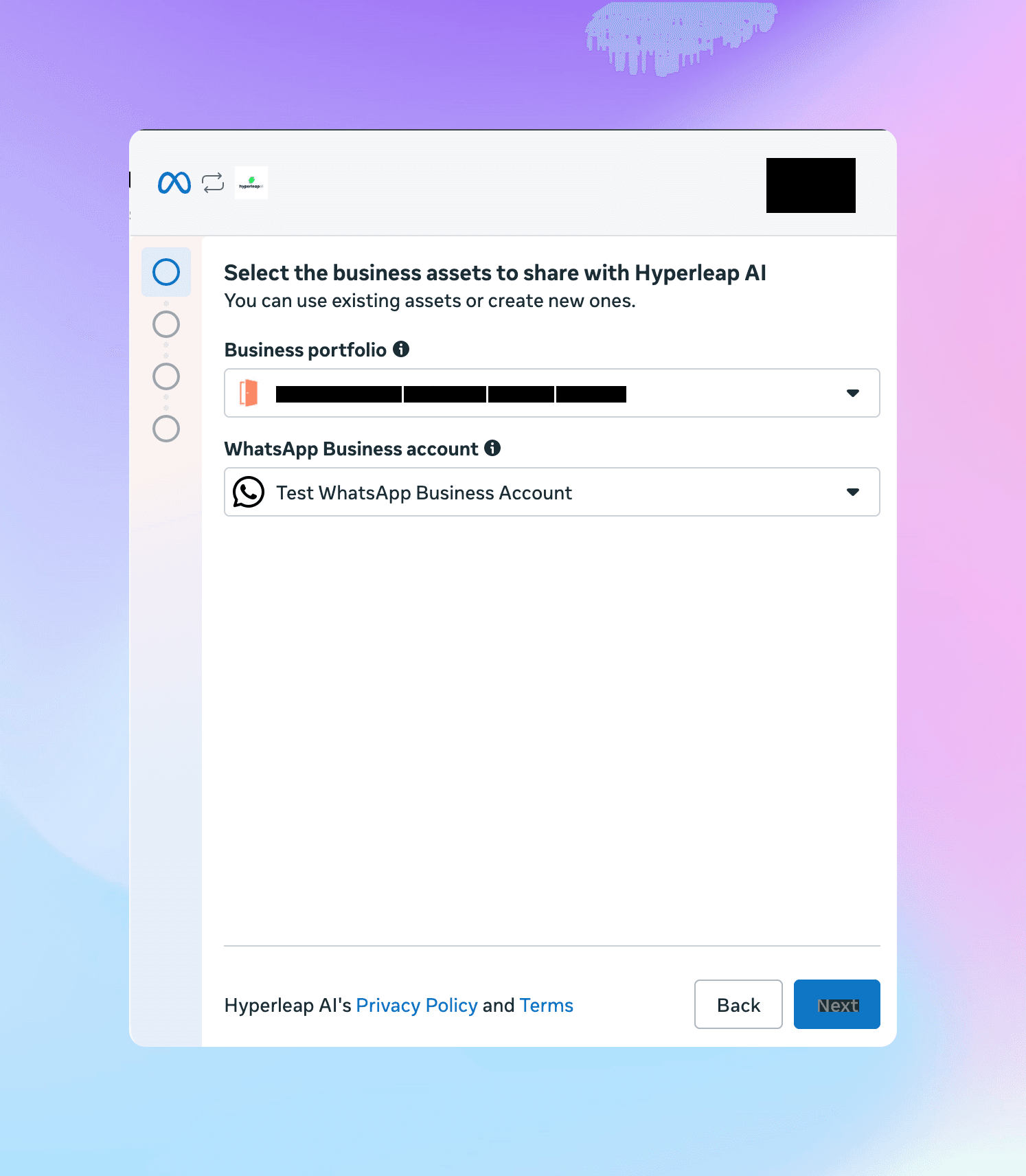Business asset selection screen for WhatsApp