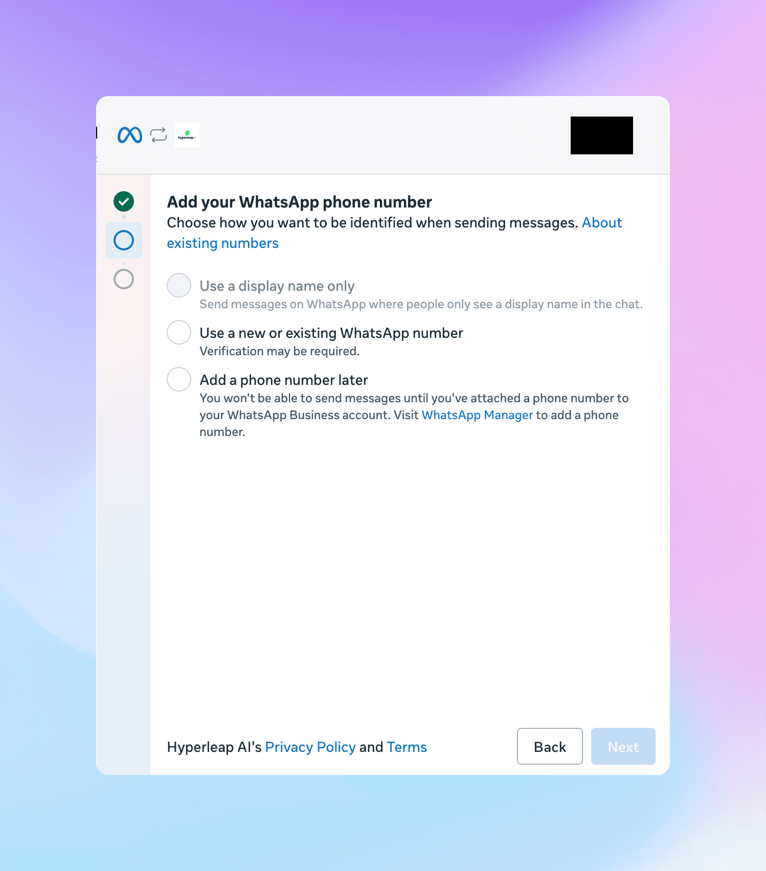 Phone number selection screen for WhatsApp Business