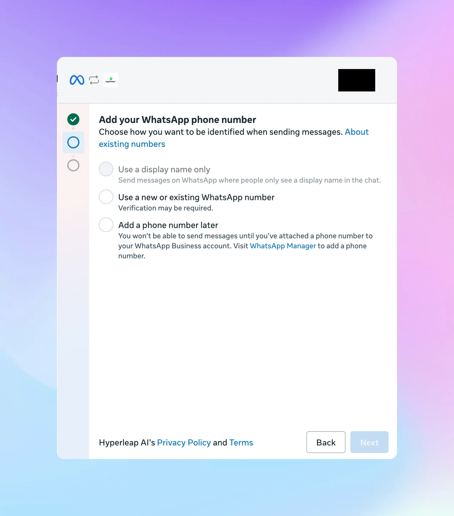 Phone number selection screen for WhatsApp Business