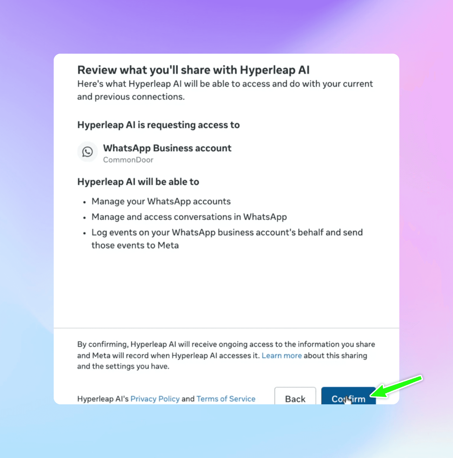 Permissions review screen for WhatsApp Business integration