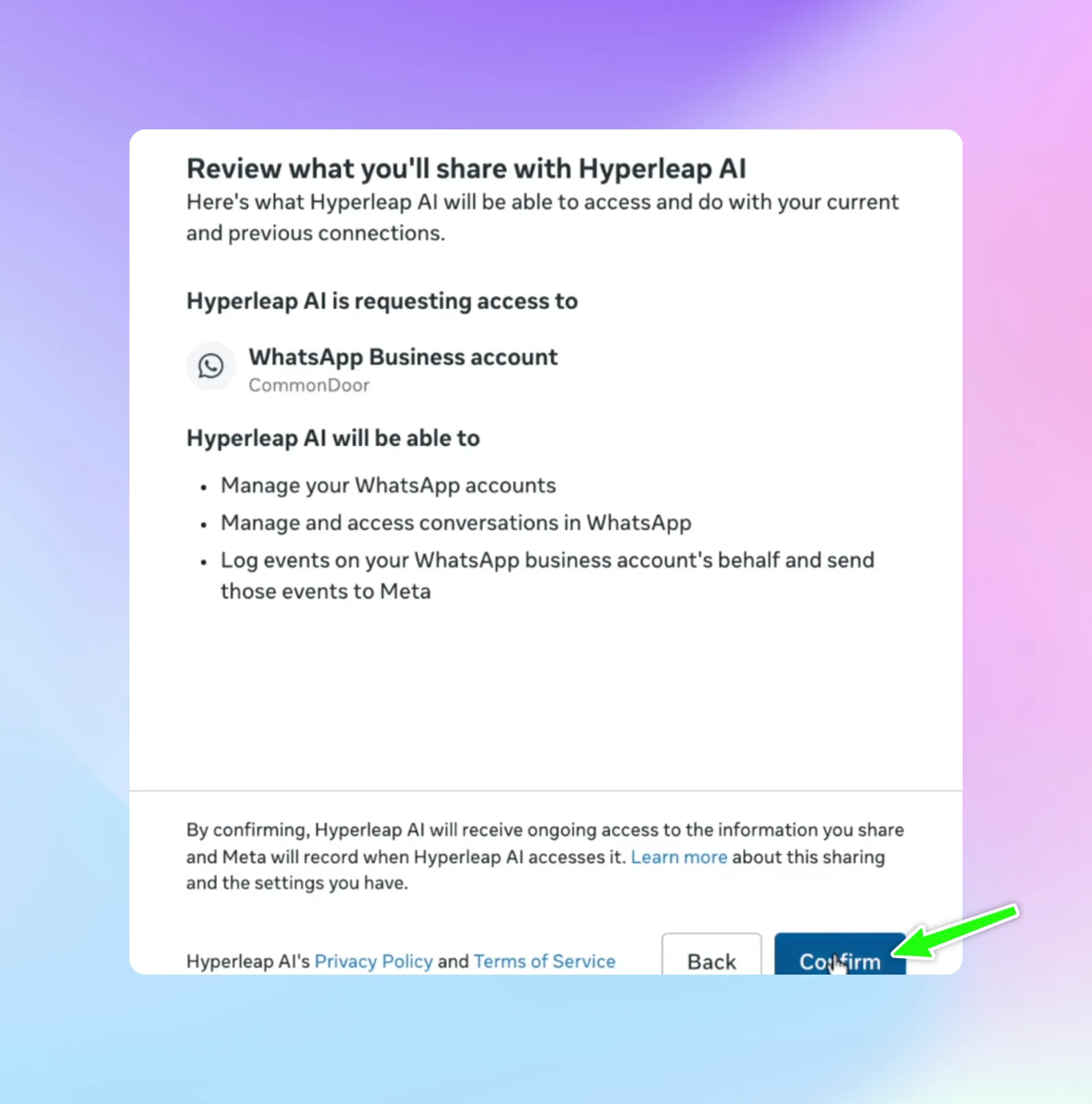 Permissions review screen for WhatsApp Business integration