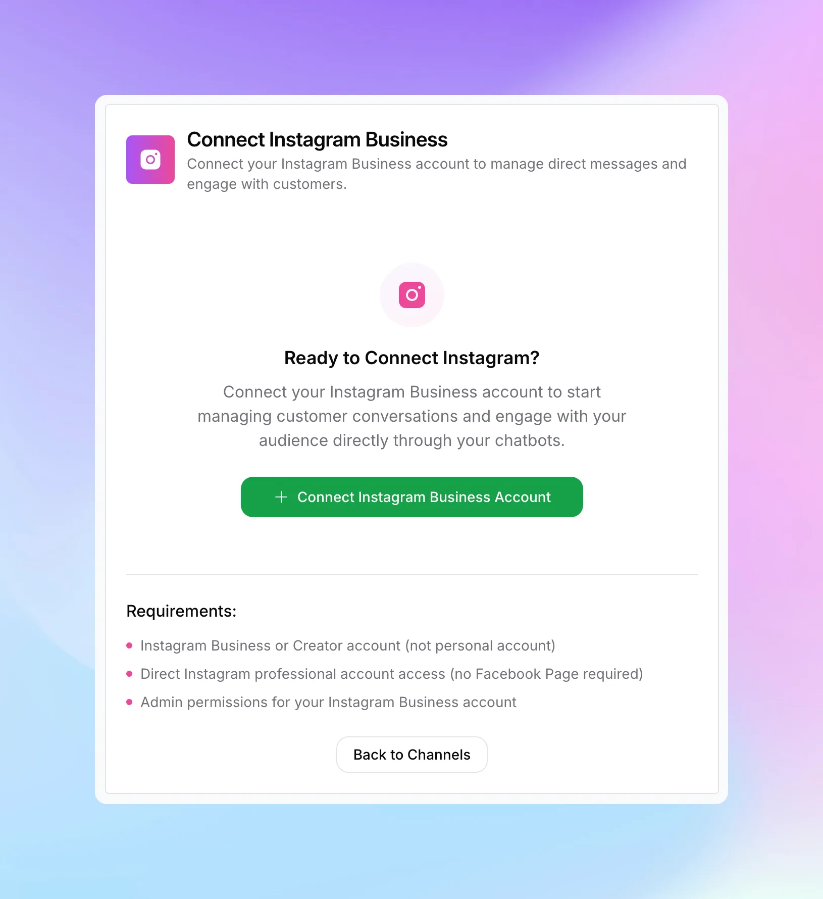 Instagram connection introduction screen with Connect button