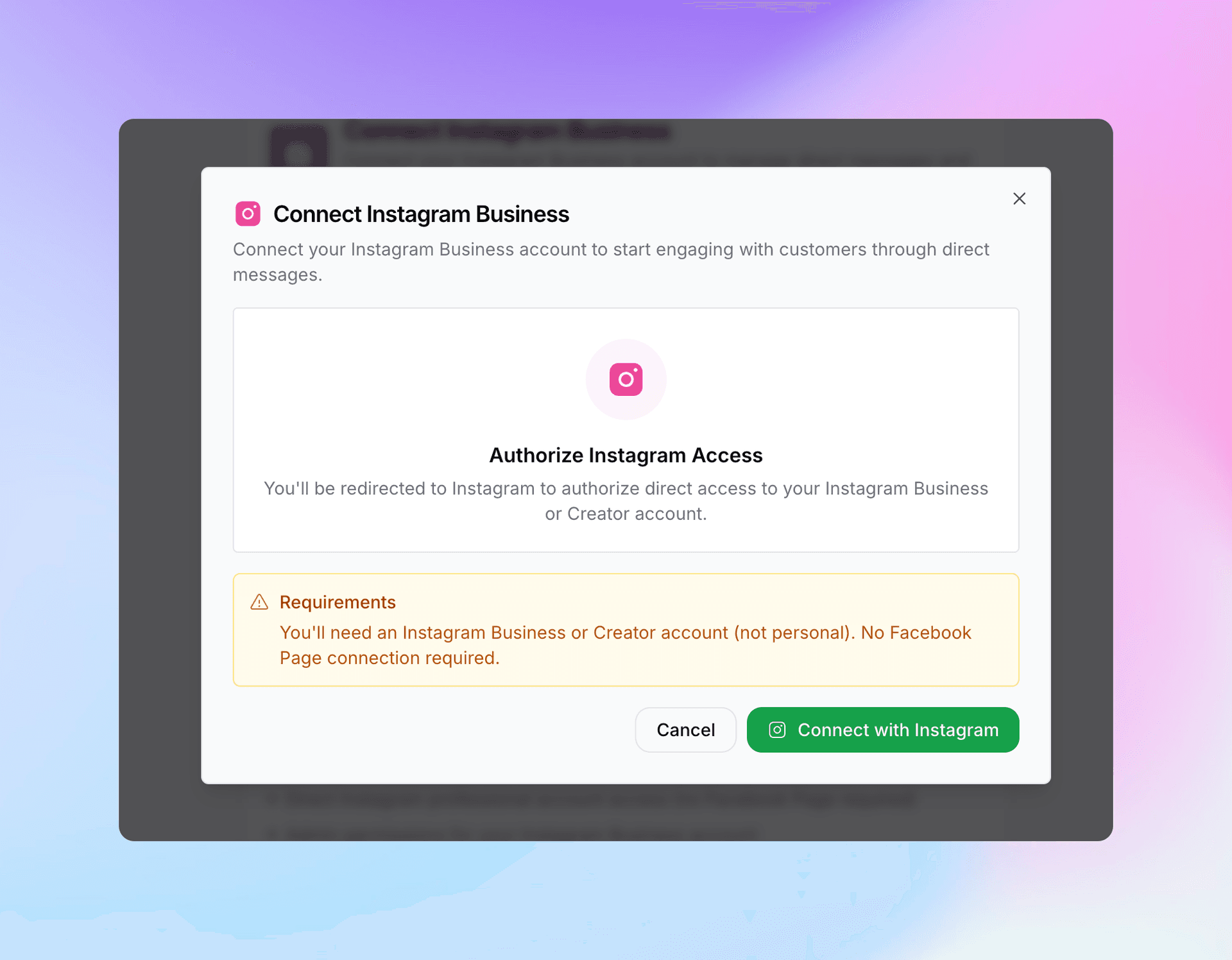 Instagram authorization screen requesting access permissions