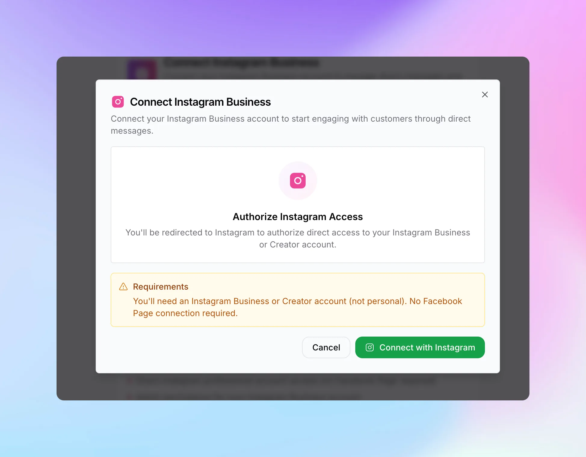 Instagram authorization screen requesting access permissions