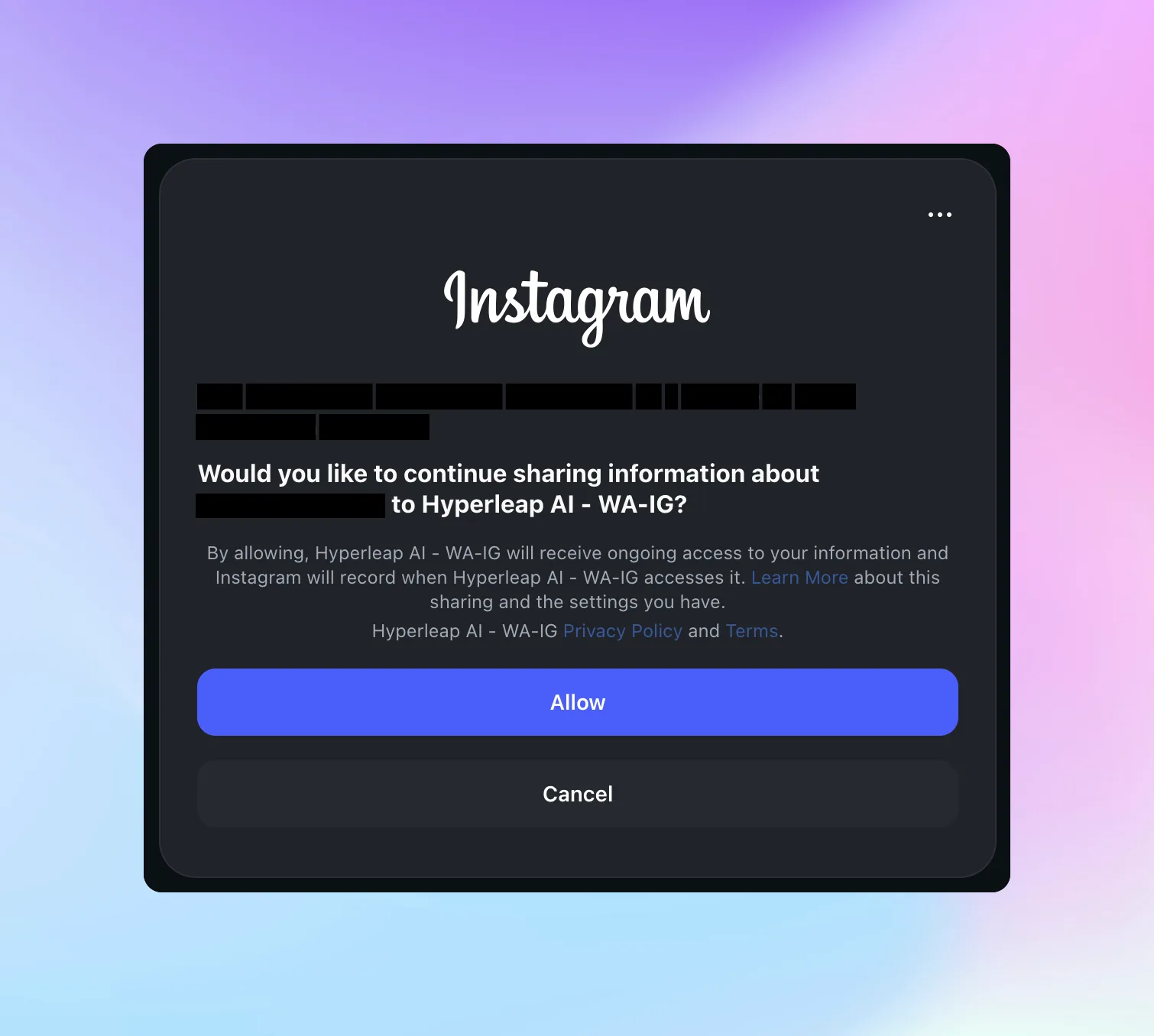 Sharing permission confirmation screen for Instagram