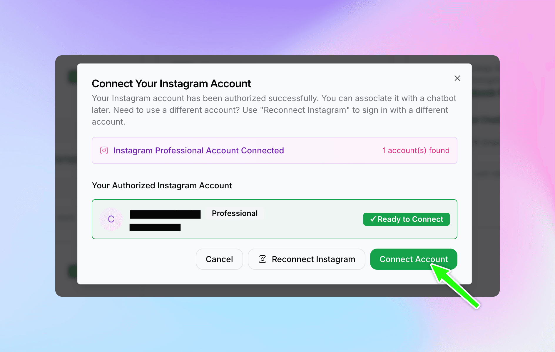 Instagram Business connection success screen