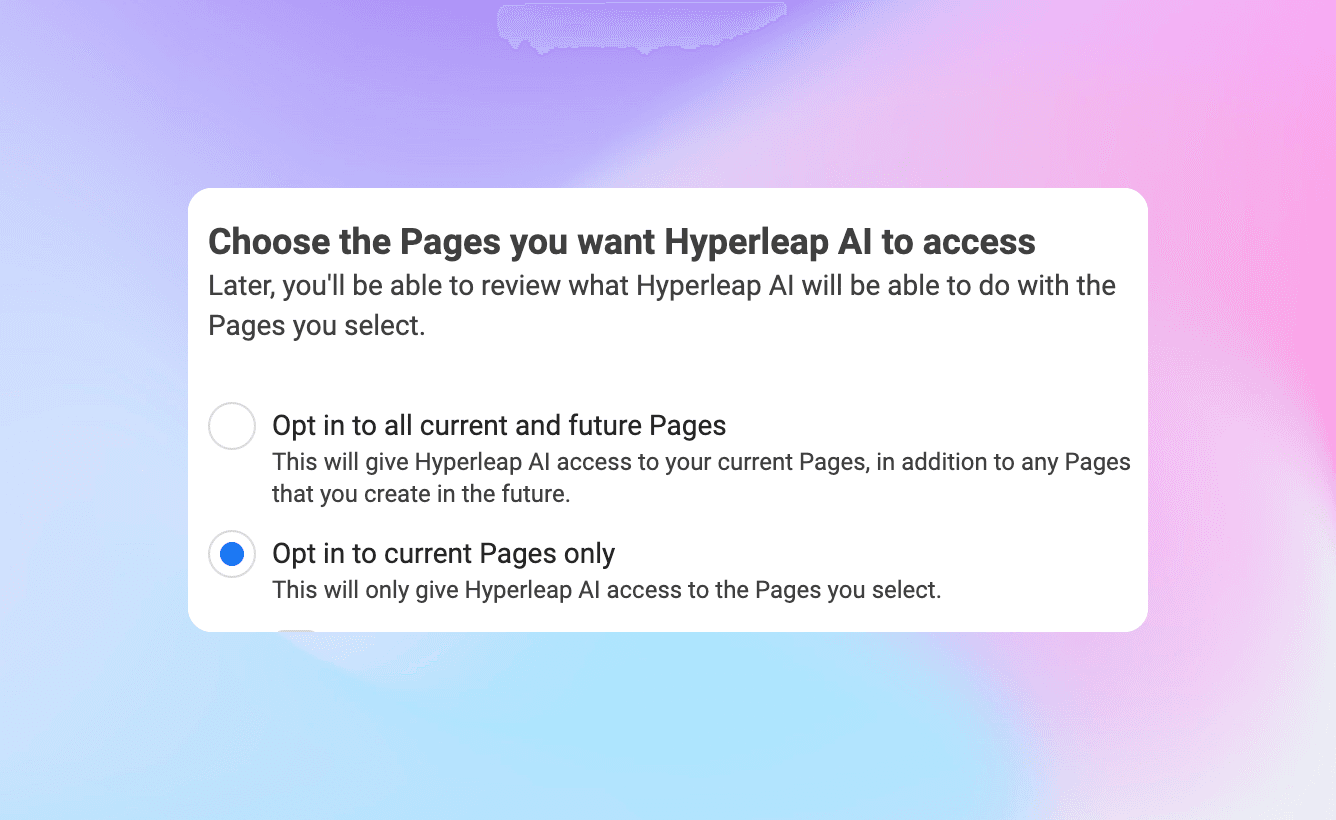 Facebook Pages selection screen for choosing which Pages to connect