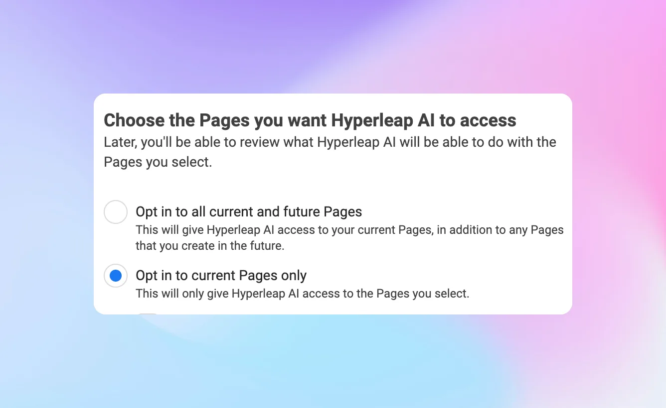 Facebook Pages selection screen for choosing which Pages to connect