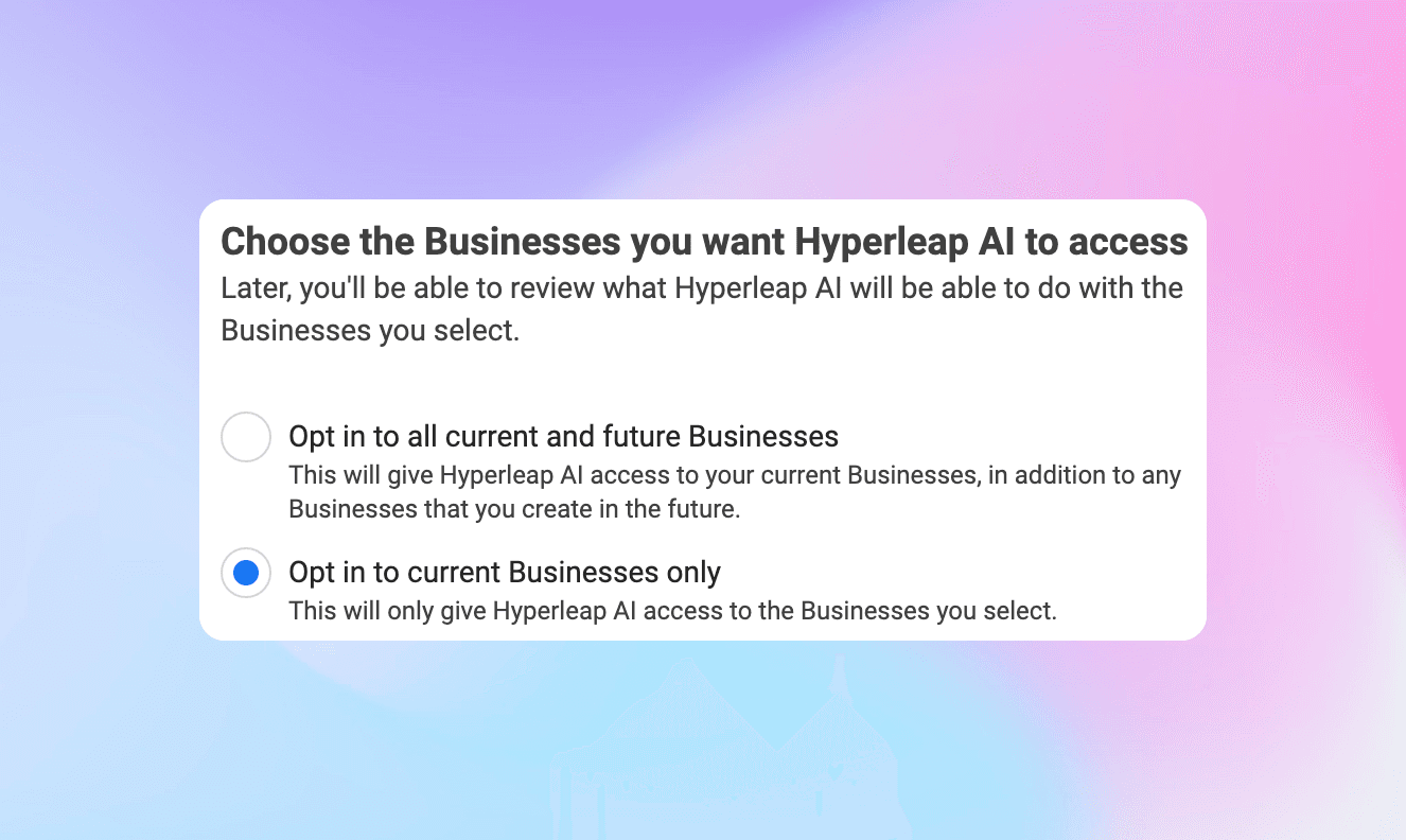 Business access selection screen for Facebook Messenger integration