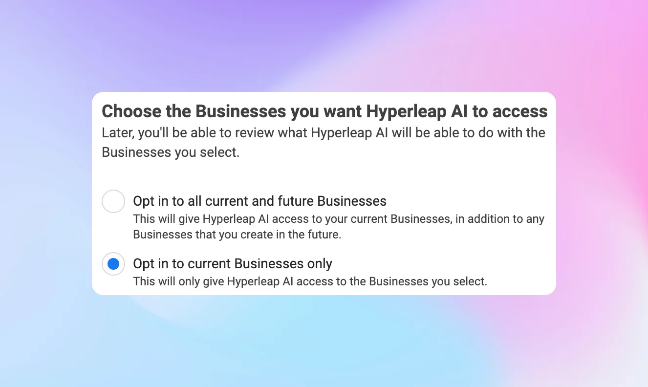 Business access selection screen for Facebook Messenger integration