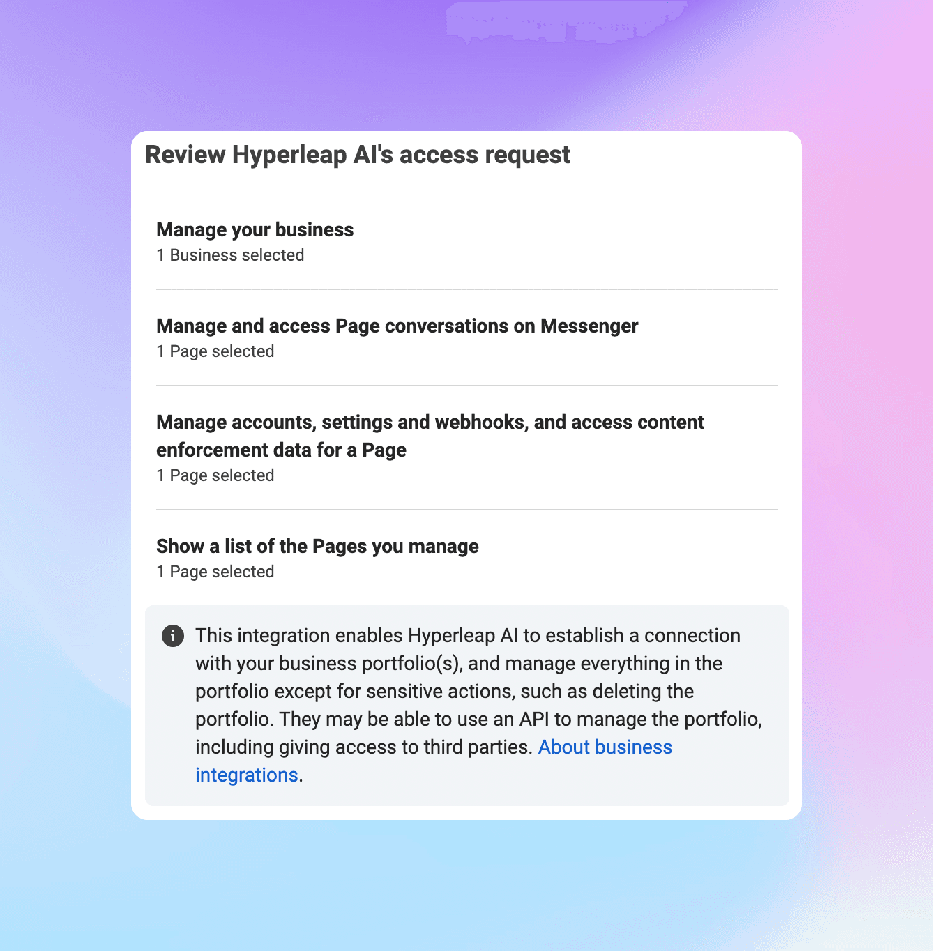Access permissions review screen for Facebook Messenger