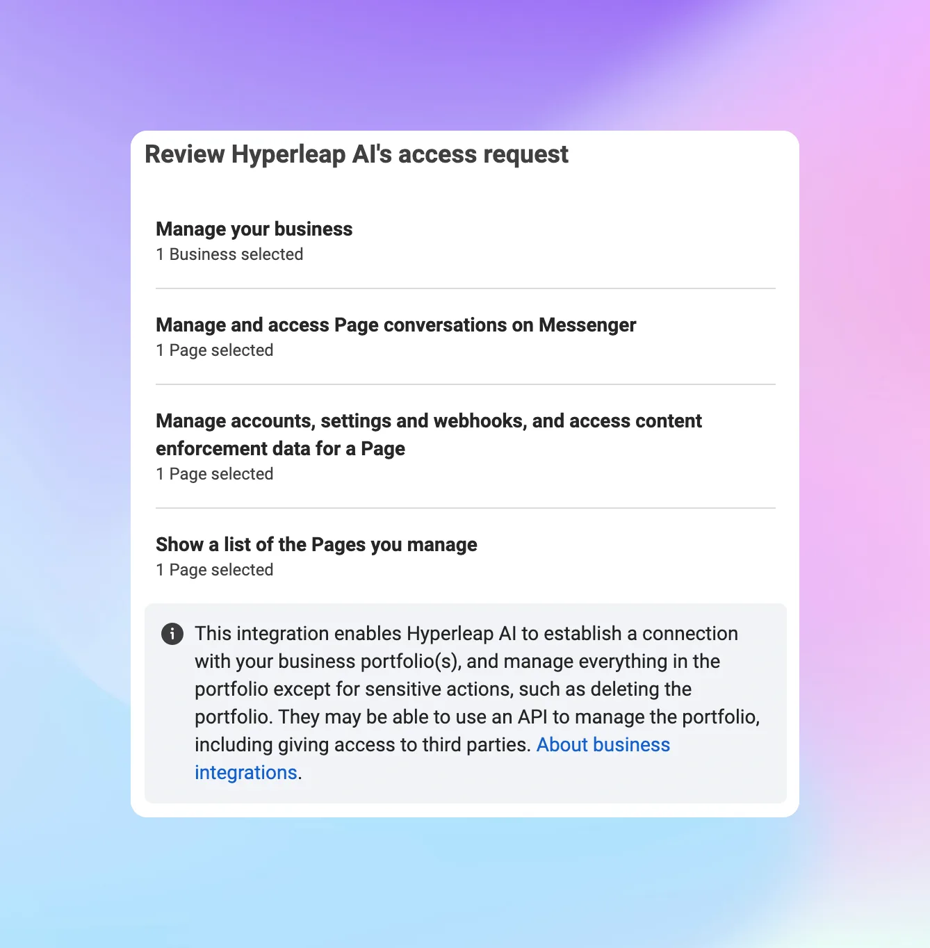 Access permissions review screen for Facebook Messenger
