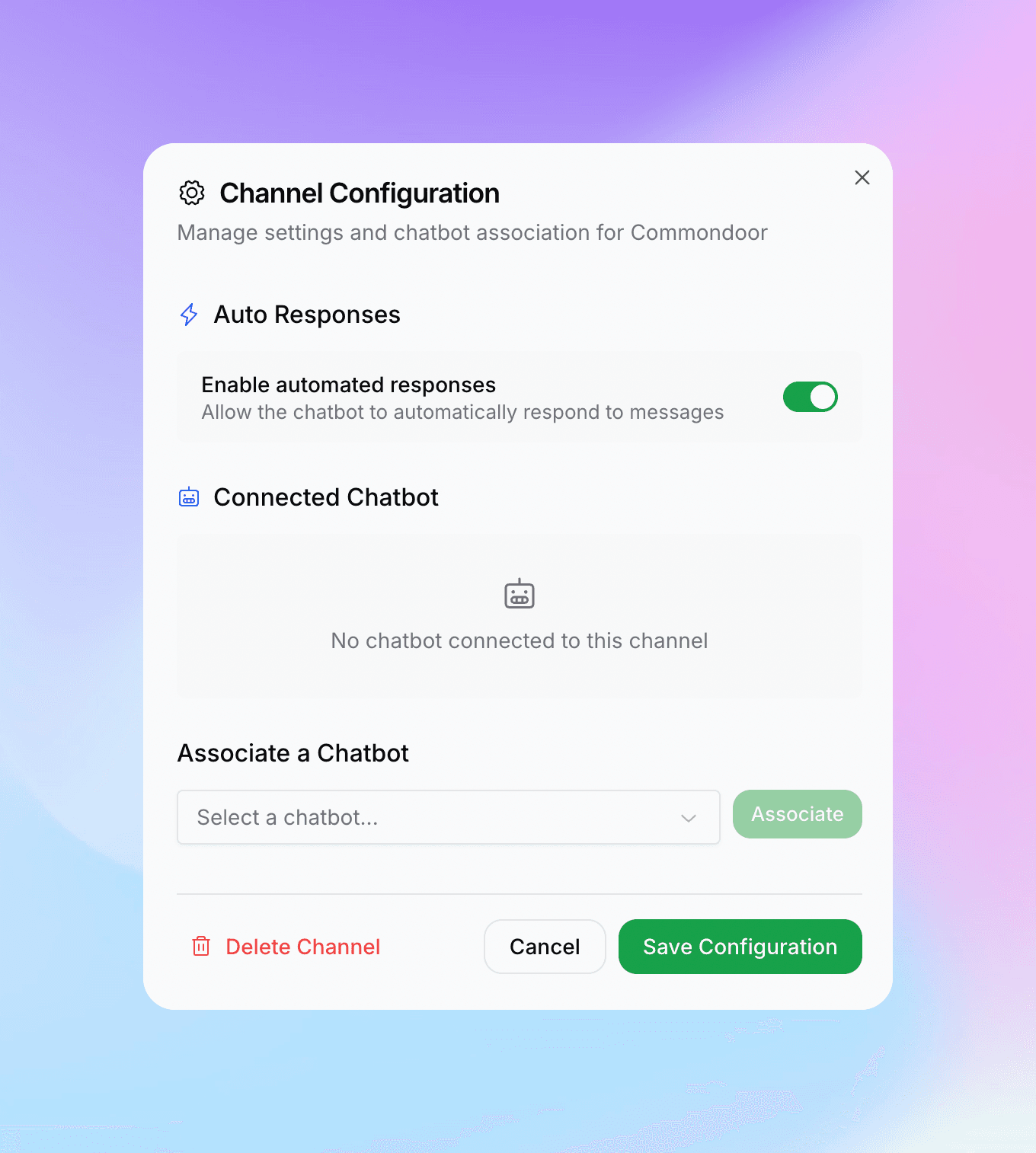 Channel Configuration panel showing Associate a Chatbot dropdown and Auto Responses toggle