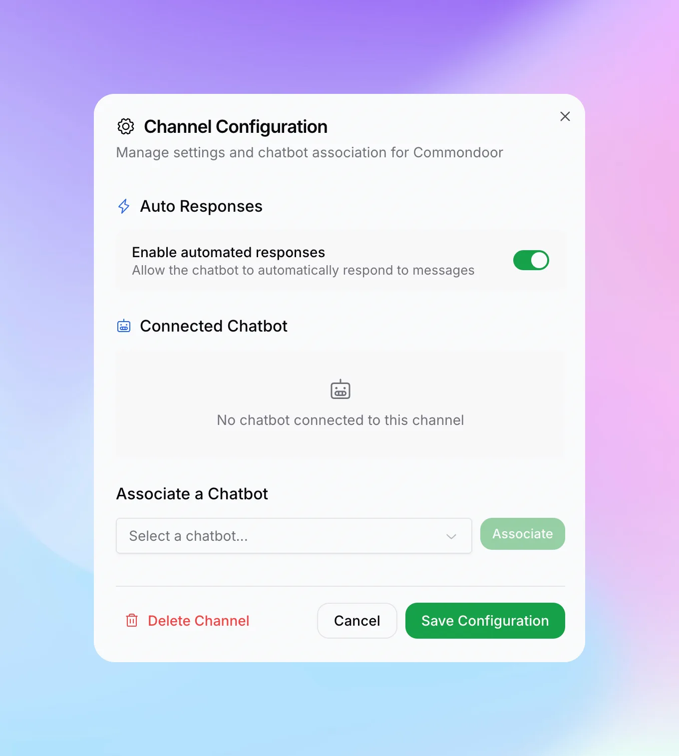 Channel Configuration panel showing Associate a Chatbot dropdown and Auto Responses toggle