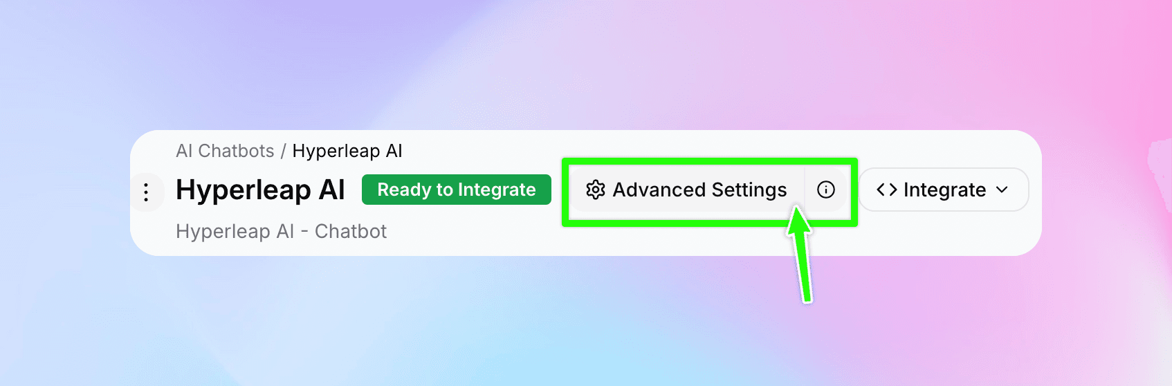 Chatbot editor header with Advanced Settings button highlighted