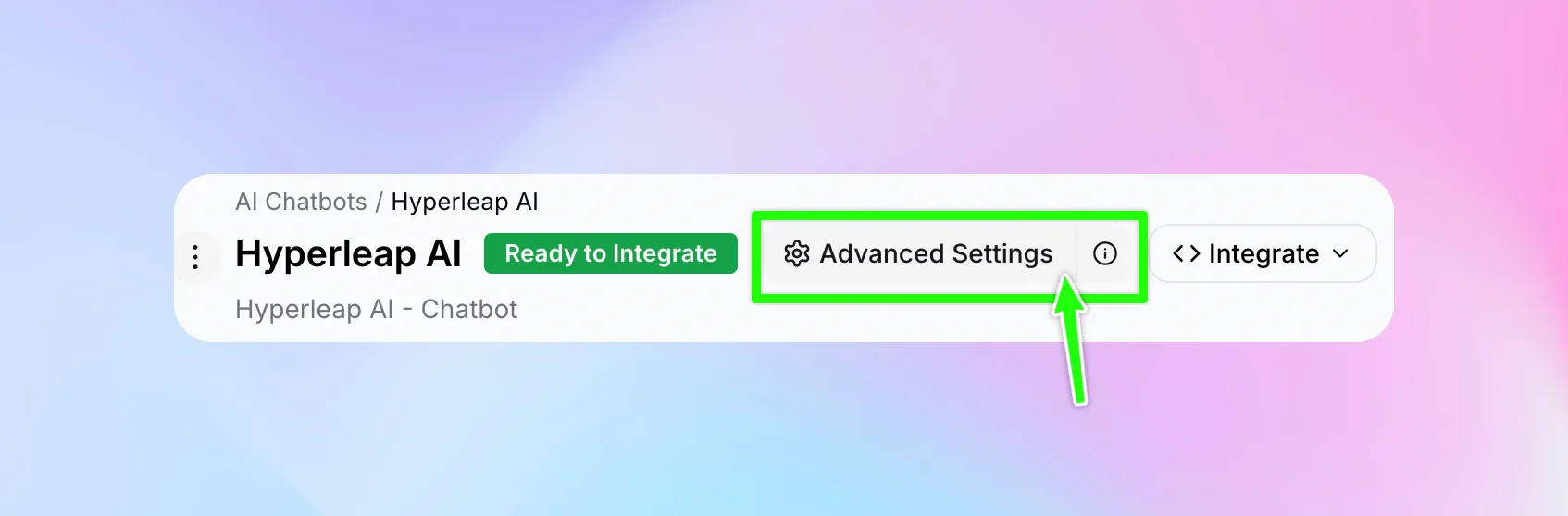 Chatbot editor header with Advanced Settings button highlighted
