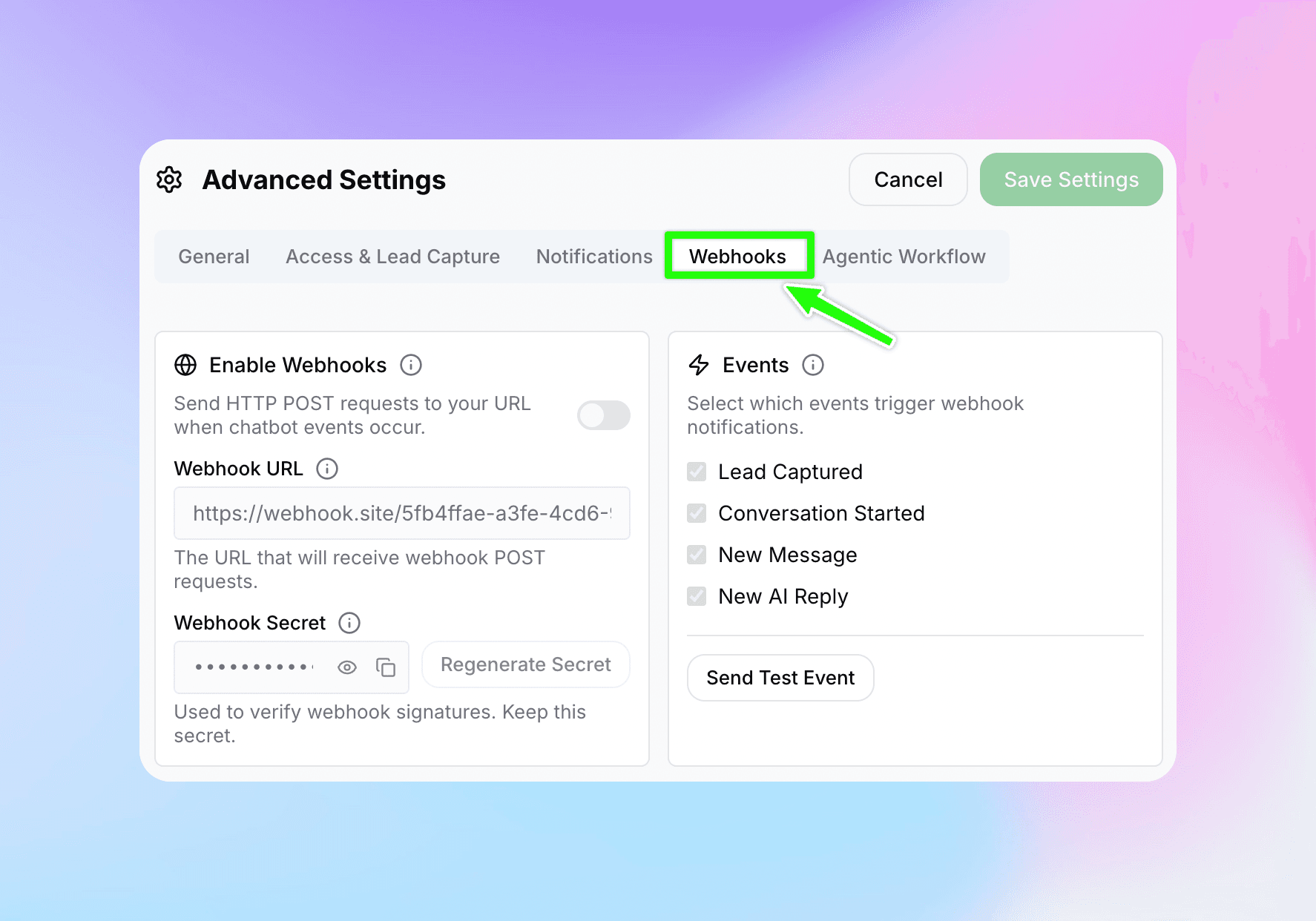 Advanced Settings modal with the Webhooks tab highlighted