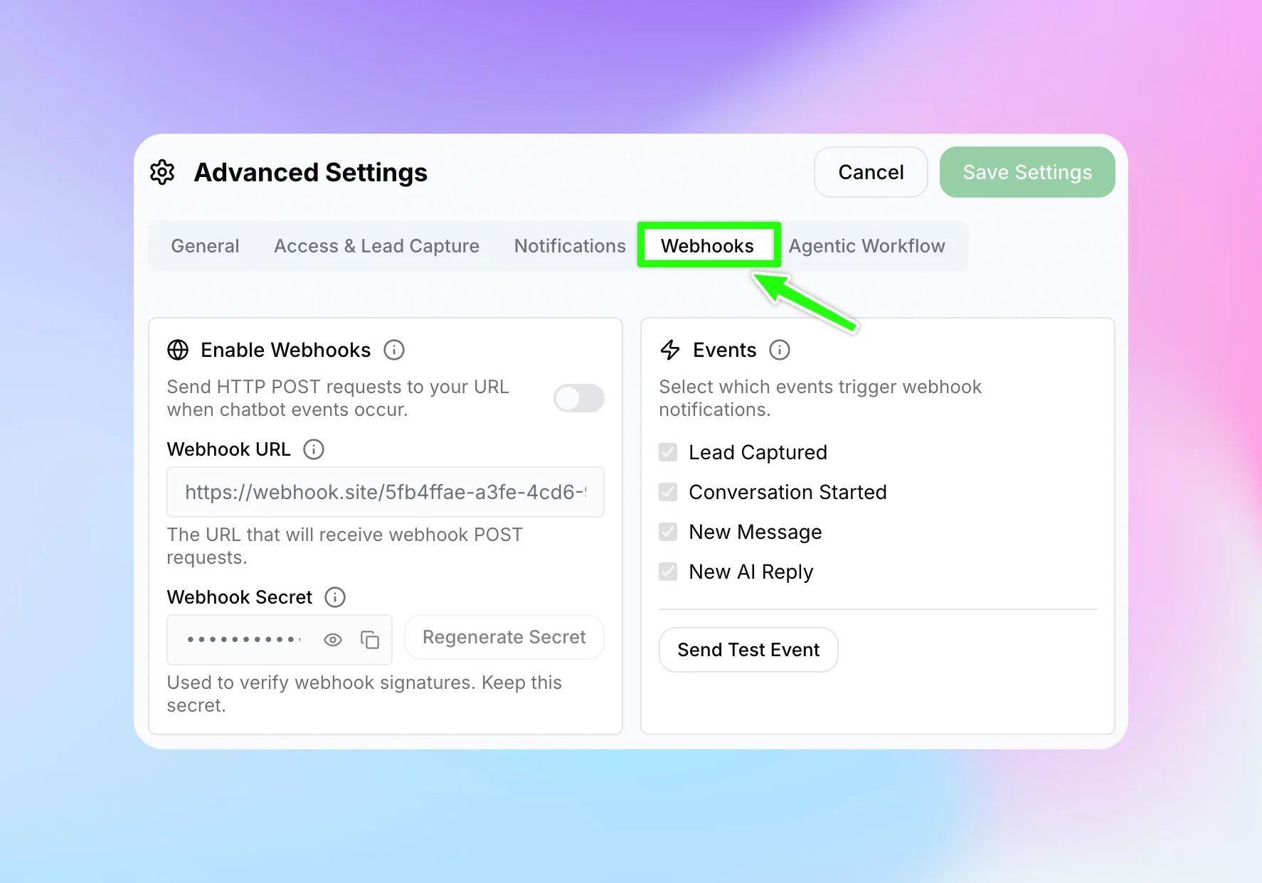 Advanced Settings modal with the Webhooks tab highlighted
