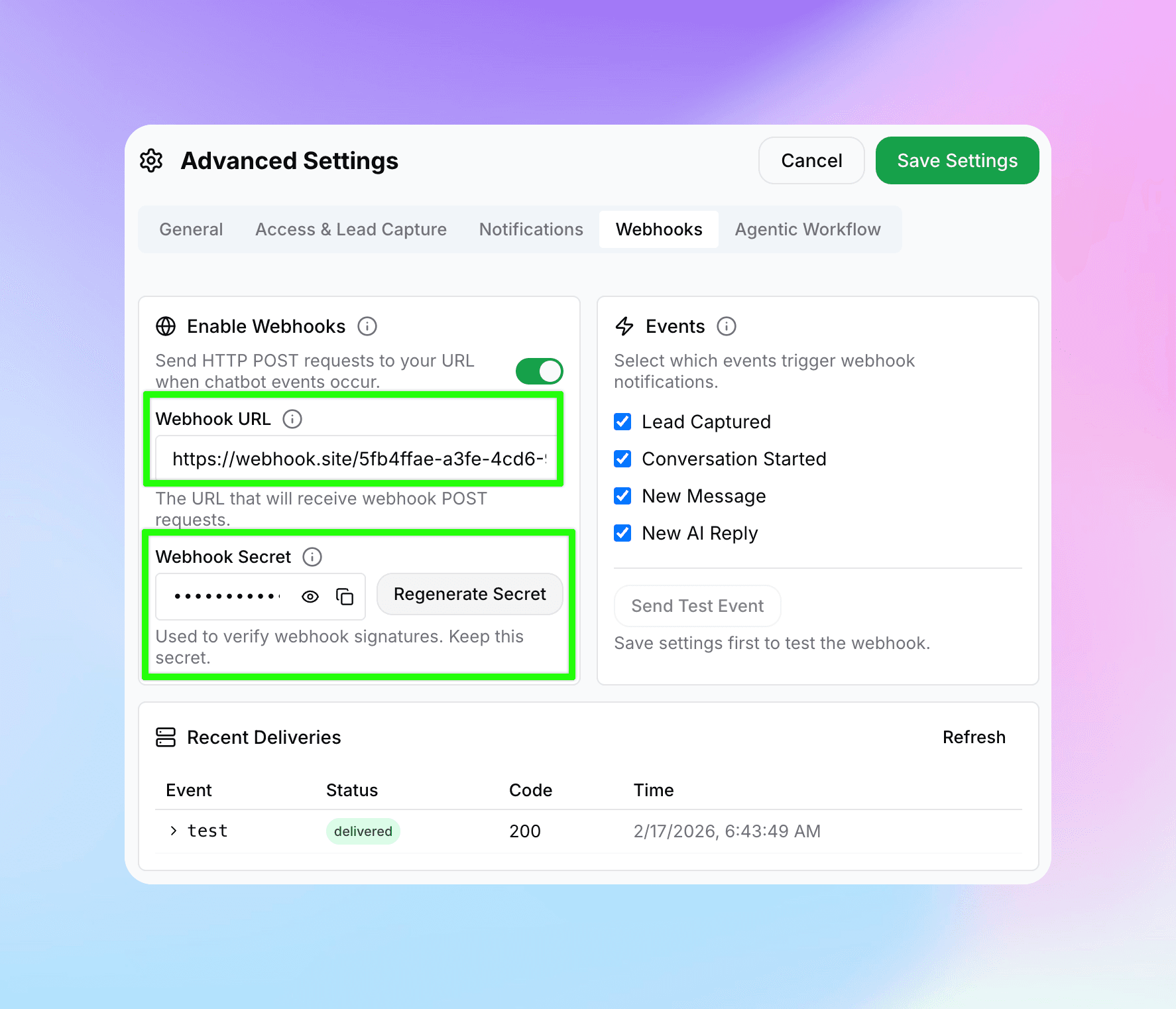 Webhooks tab showing the Webhook URL field and Webhook Secret with Regenerate Secret option