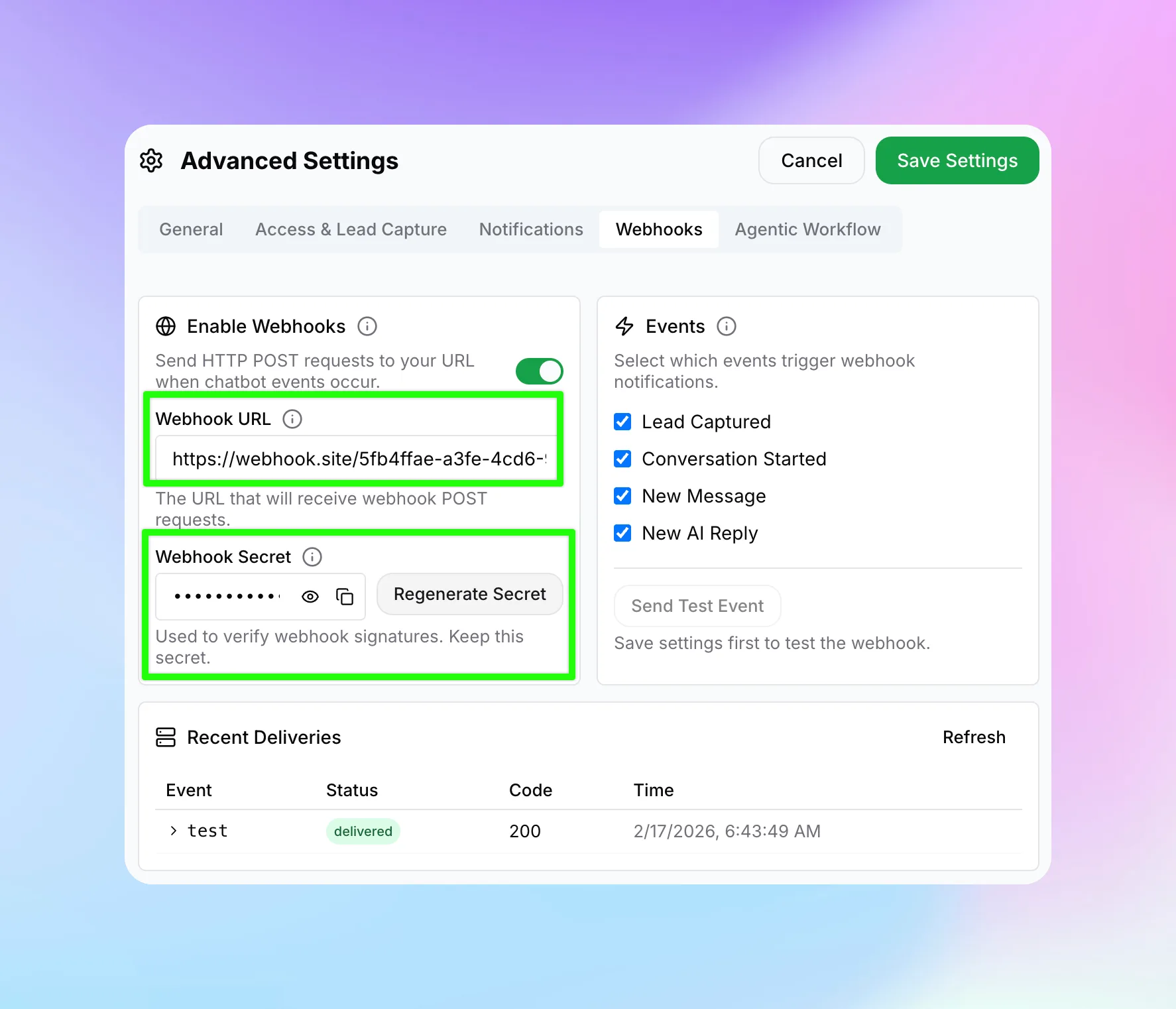 Webhooks tab showing the Webhook URL field and Webhook Secret with Regenerate Secret option