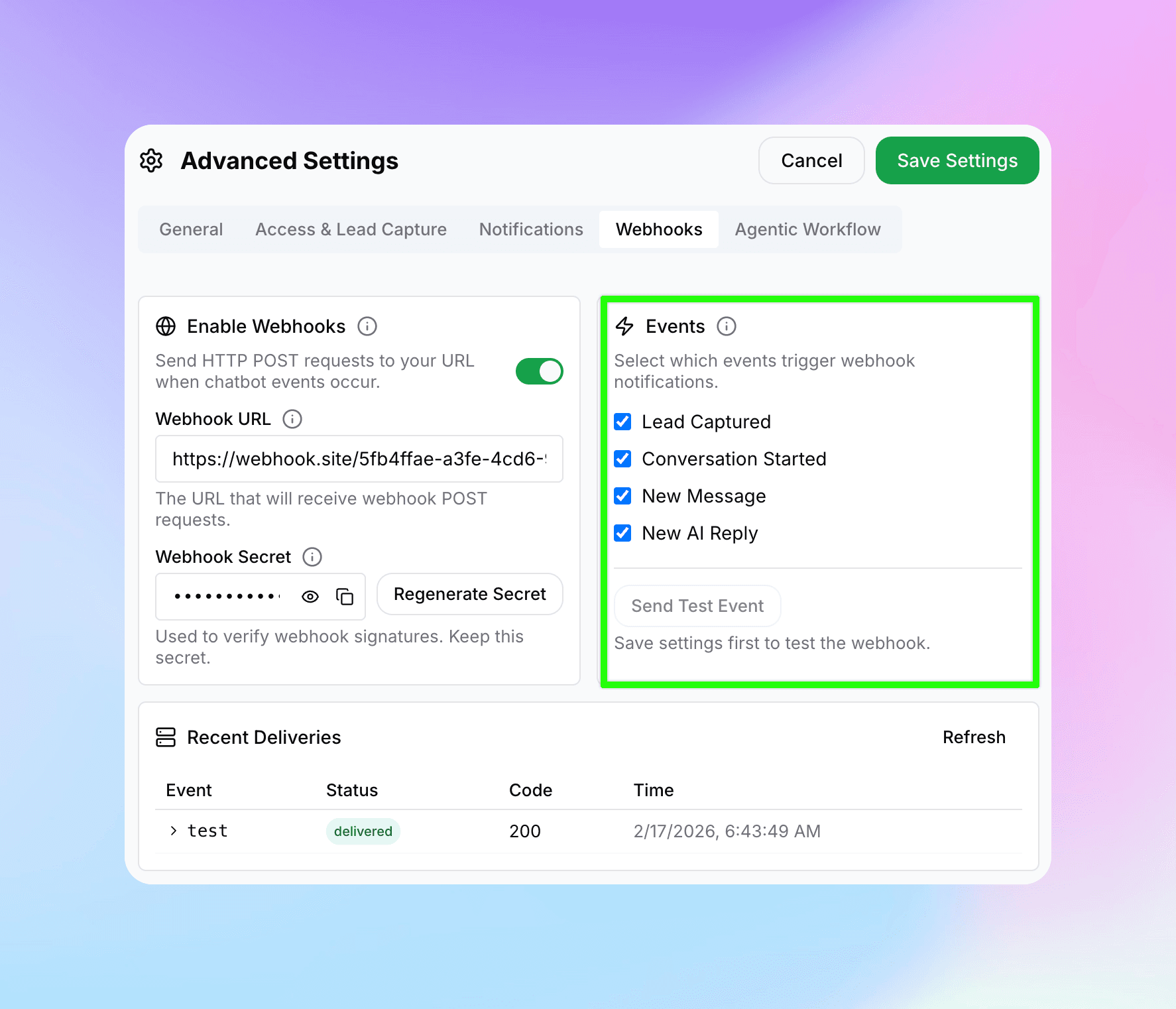 Events panel showing checkboxes for Lead Captured, Conversation Started, New Message, and New AI Reply
