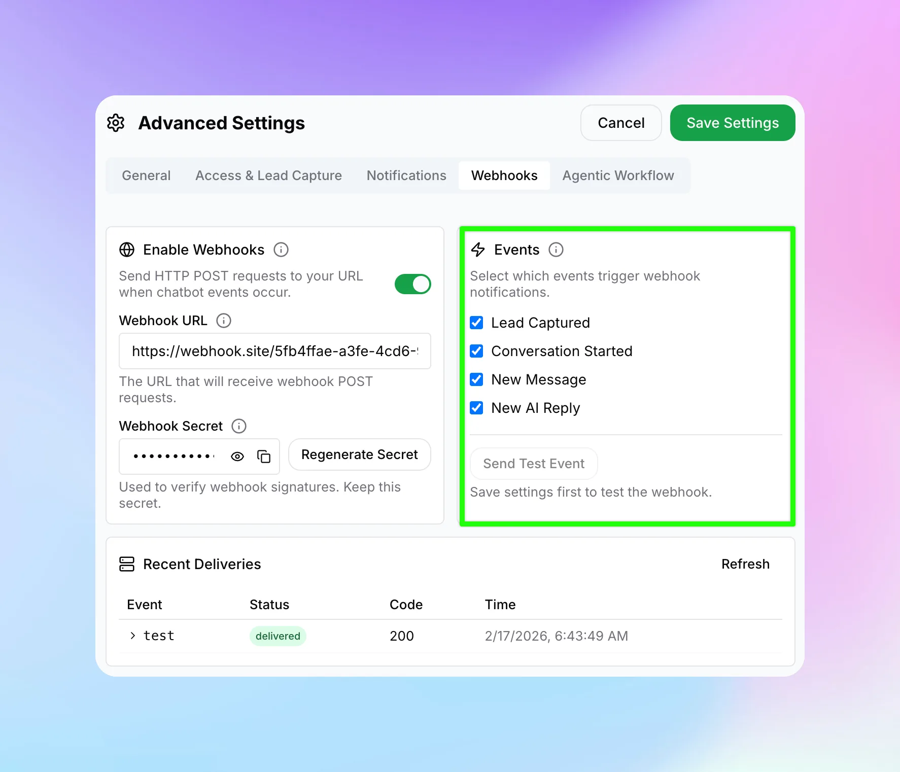Events panel showing checkboxes for Lead Captured, Conversation Started, New Message, and New AI Reply