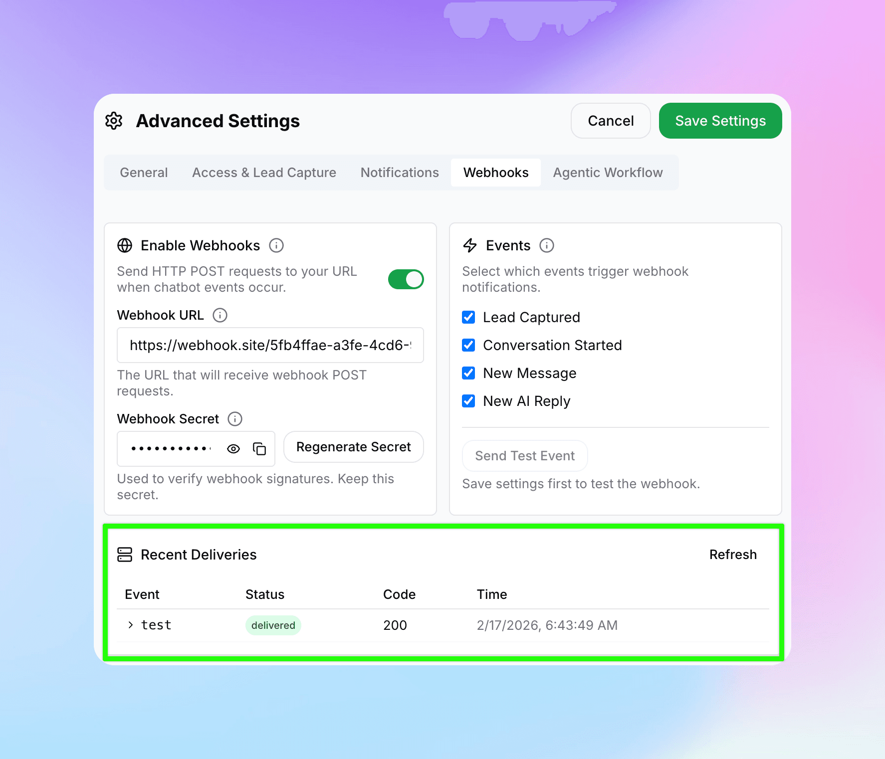 Recent Deliveries table showing event name, delivery status, response code, and timestamp